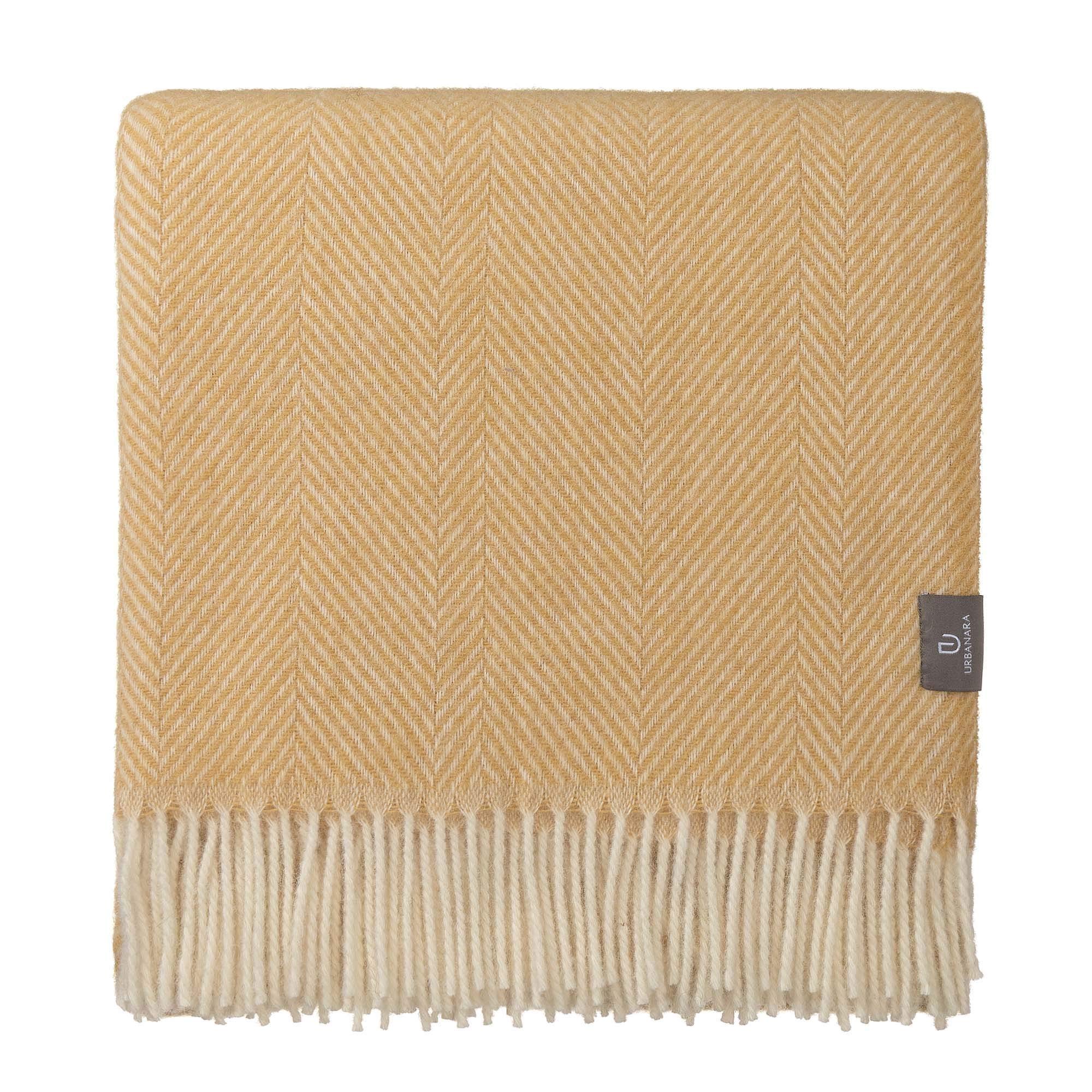 URBANARA 100% Pure Scandinavian Wool Throw Blanket 55x87 Inches - Mustard Yellow & Cream Herringbone Design with Fringe - Virgin Wool for Sofa, Bed & Home Decor | Cozy Winter Wrap & Gift Idea