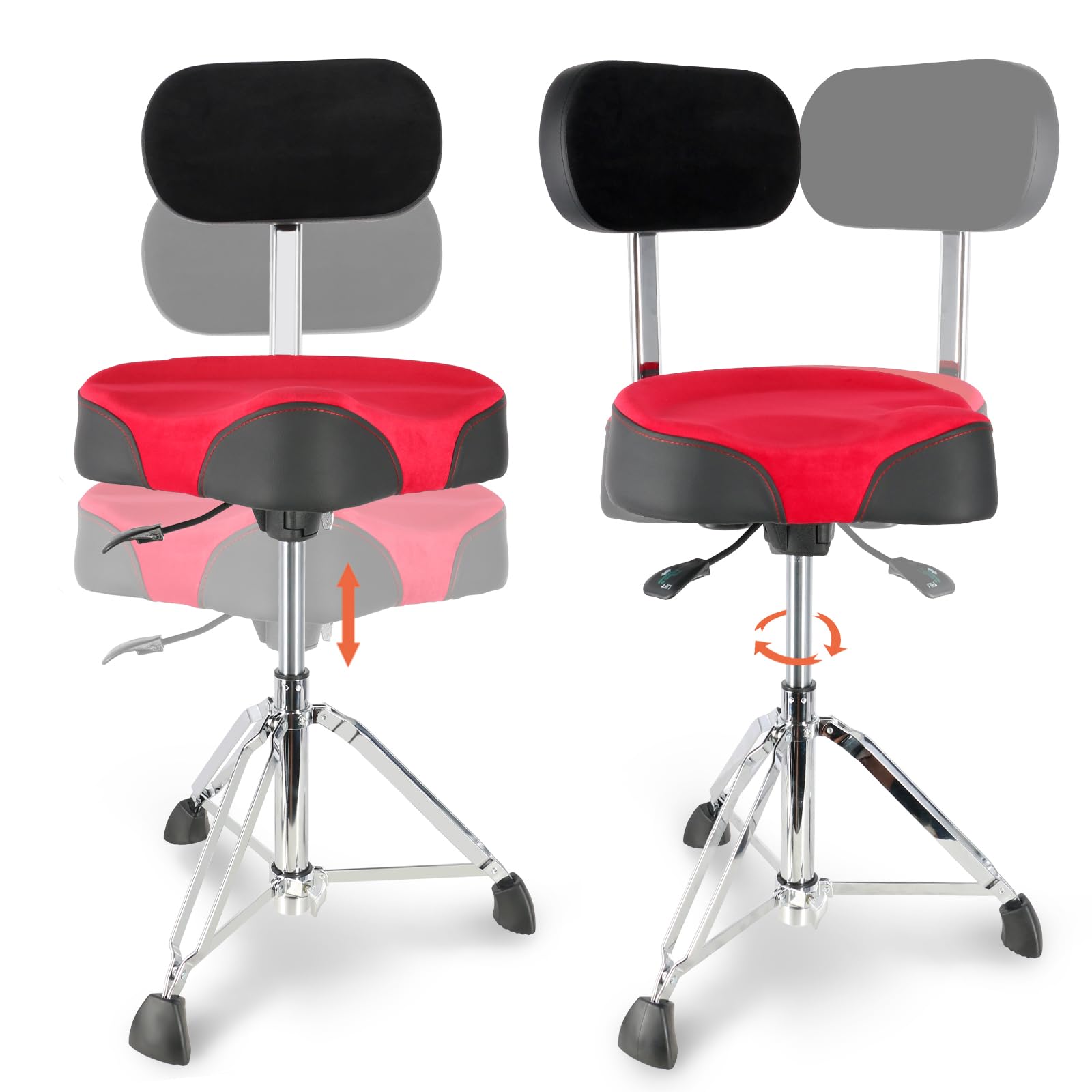 EASTROCK Heavy Duty Adjustable Drum Throne with Backrest - Motorcycle Style Hydraulic Drum Seat for Adult Drummers (Red) - Perfect for Drum Kits, Practice Sessions & Live Performances