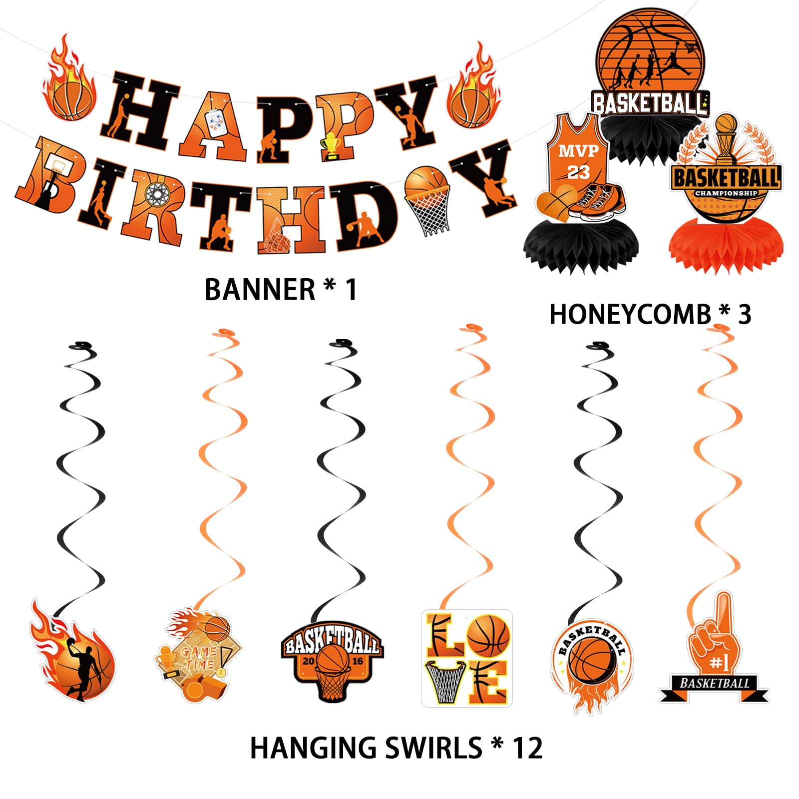 Basketball Party Decorations Set - Happy Birthday Banner, Hanging Swirls & Honeycomb Centerpiece for Boys Kids Sports Theme Party | Perfect for Birthday Celebrations, Basketball Themed Events and Kids Room Decor