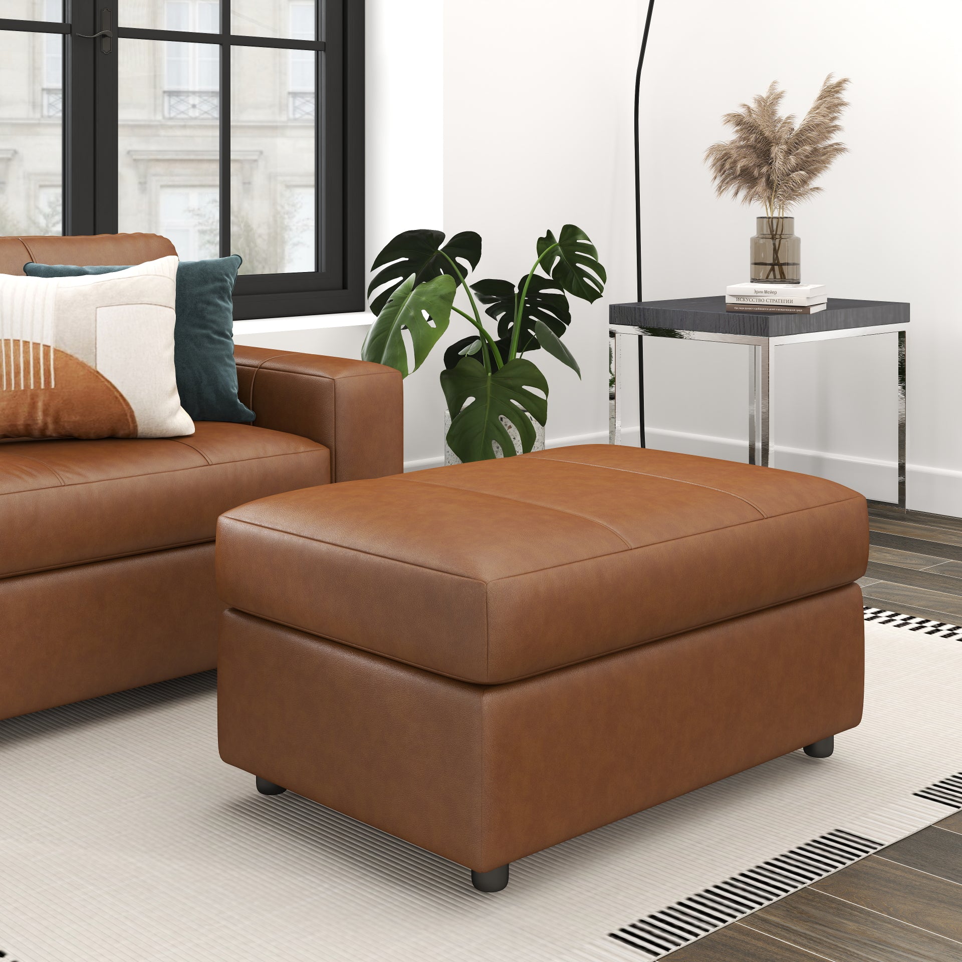 Roundhill Furniture Sakan Leather Upholstered Ottoman - Premium Leather Footrest Stool with Storage for Living Room, Bedroom & Home Decor