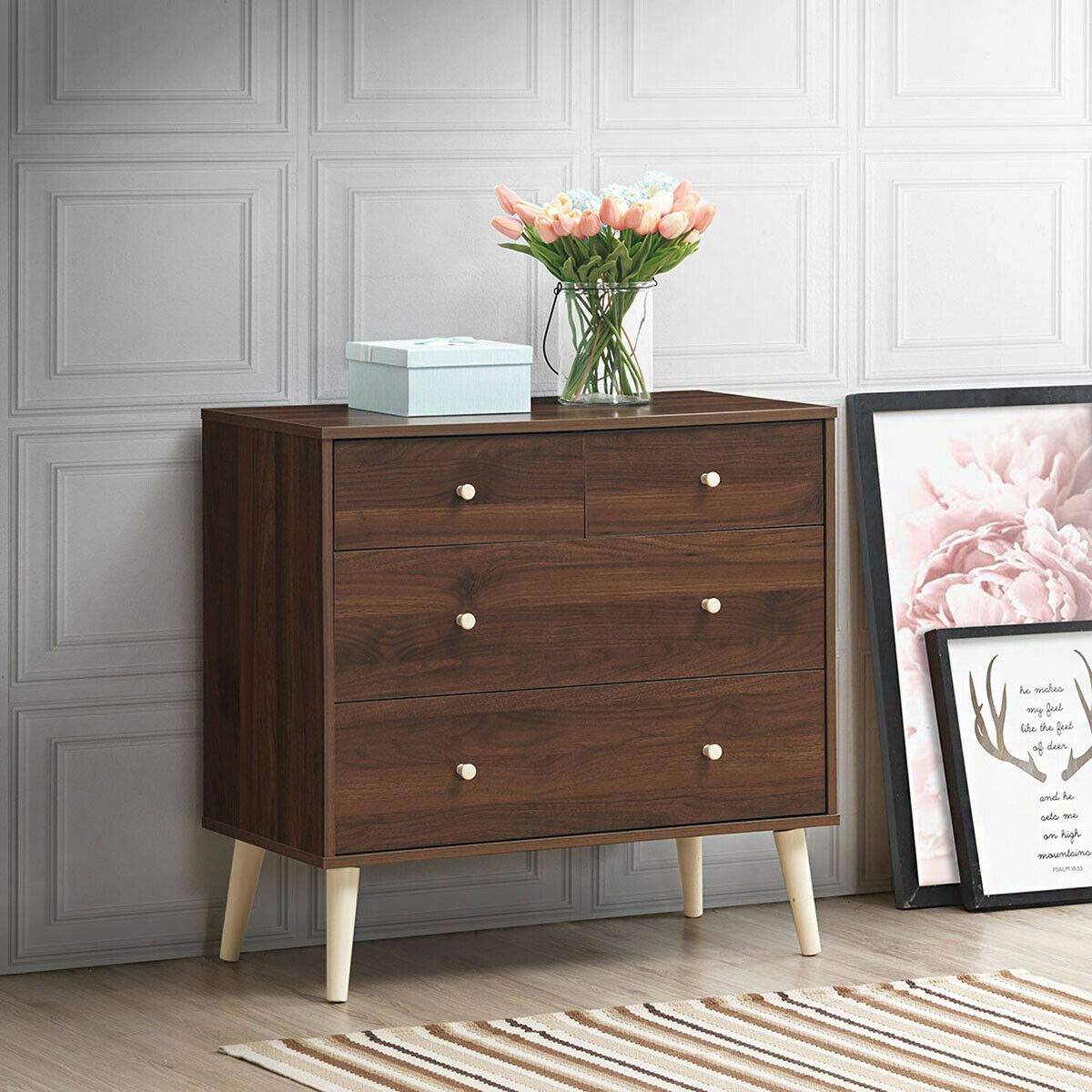 Classic Walnut 4-Drawer Dresser Chest - Solid Rubber Wood Home Office Storage Cabinet with Splay Legs & Rail | Durable Media Entertainment Center Organizer for Living Room & Bedroom Decor