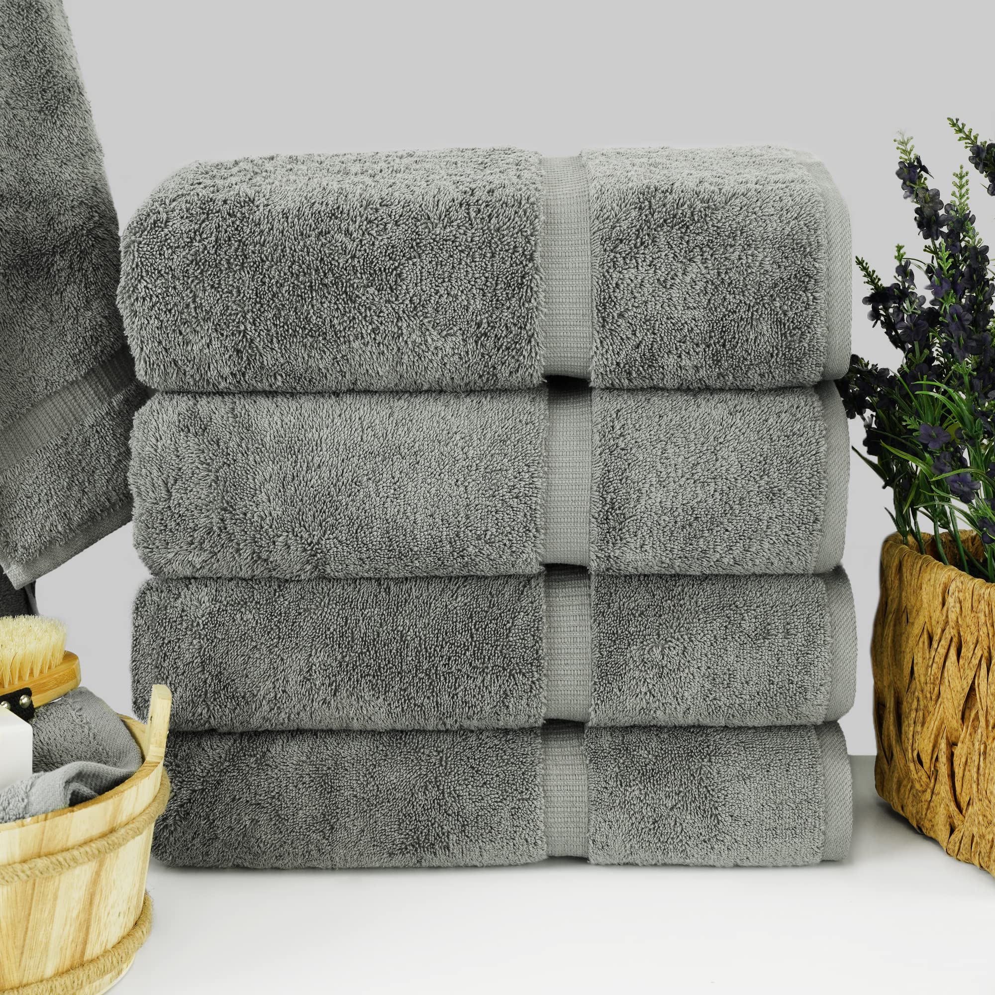 Premium Turkish Cotton Bath Towels Set of 4 - Super Absorbent & Quick Dry - Soft Luxury Towels for Spa, Beach & Gym (Gray) - Chakir Turkish Linens