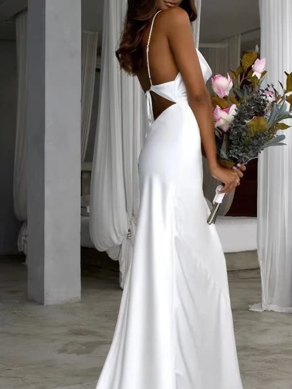 Elegant Ivory Satin Spaghetti Strap V-Neck Mermaid Wedding & Prom Dress for Women - Size 18 | Perfect for Bridesmaids, Beach Weddings & Formal Events