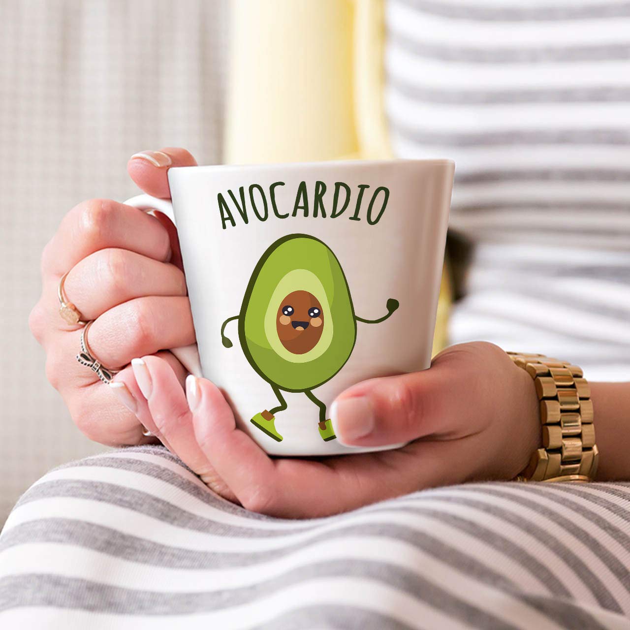 Funny Avocado Cardio Run Latte Mug - Double-Sided Print Ceramic Coffee Cup with Comfortable Handle by Wellcoda | Perfect for Gym Lovers, Runners & Coffee Enthusiasts