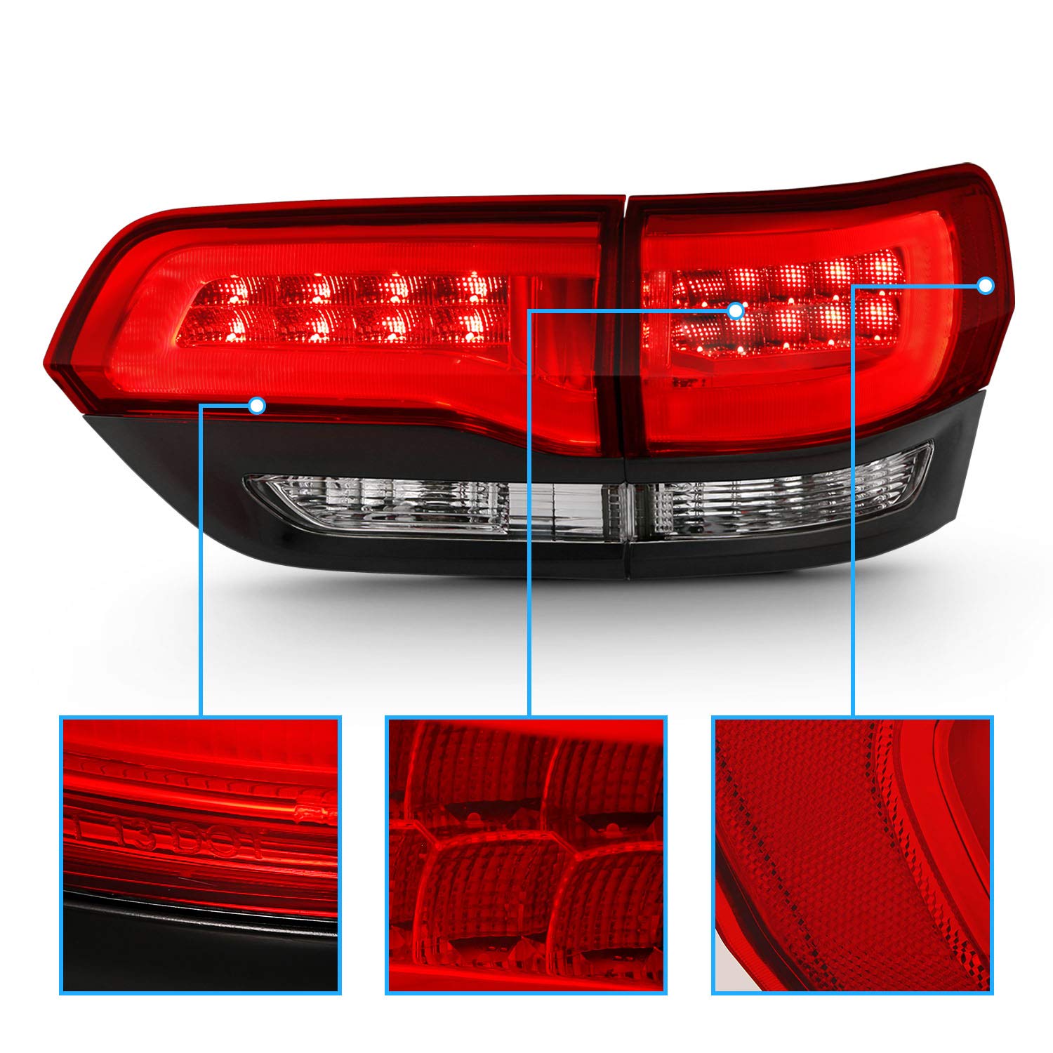 AmeriLite Red/Clear/Black LED Tail Lights with Brake Turn Signals - Compatible with 2014-2017 Jeep Grand Cherokee (4-Piece Set for Both Driver & Passenger Sides) - Upgrade Your Vehicle's Style and Visibility for Night Driving and Off-Road Adventures