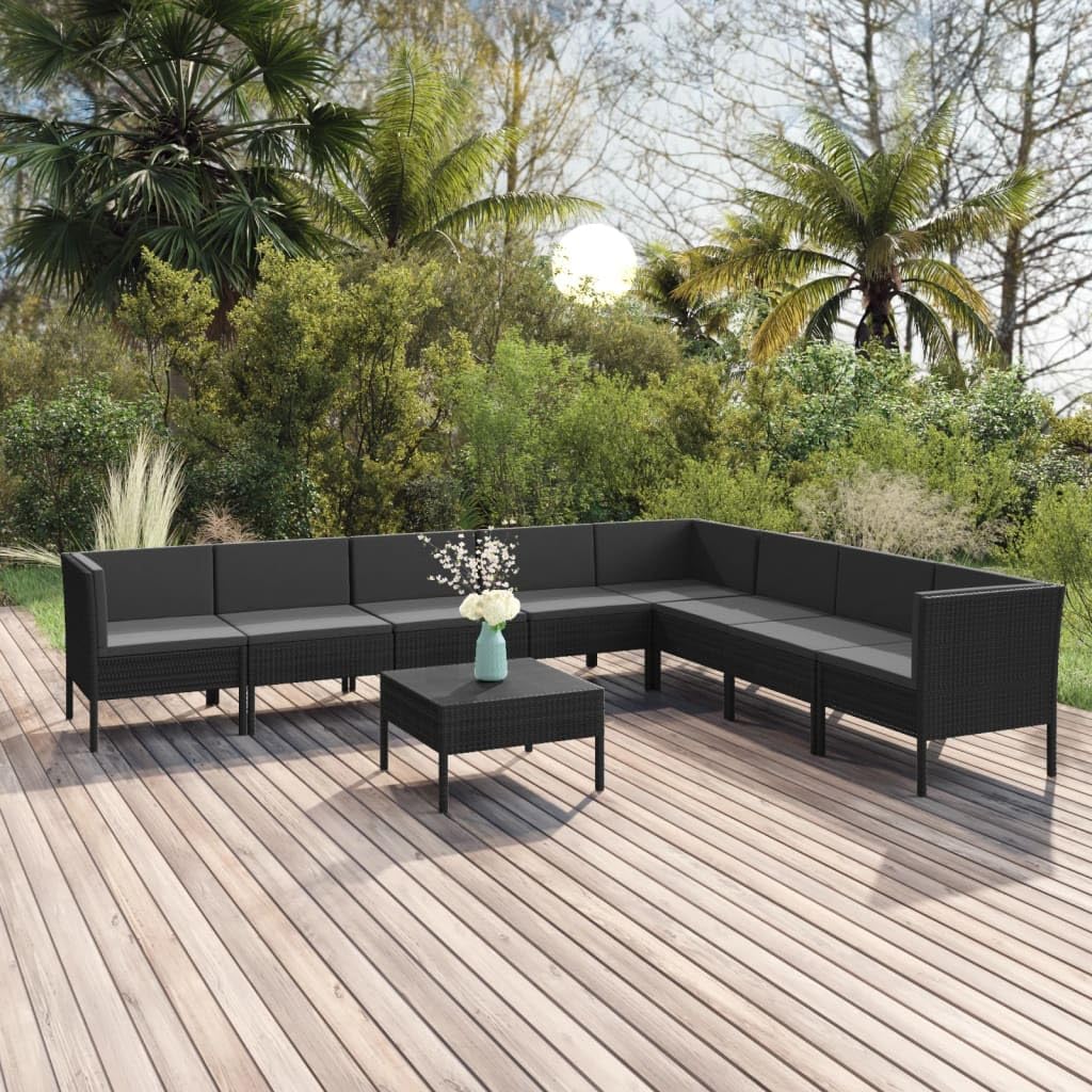 vidaXL 9-Piece Patio Lounge Set with Cushions - Black Poly Rattan Outdoor Garden Sofa Furniture for Terrace, Backyard & Poolside Relaxation