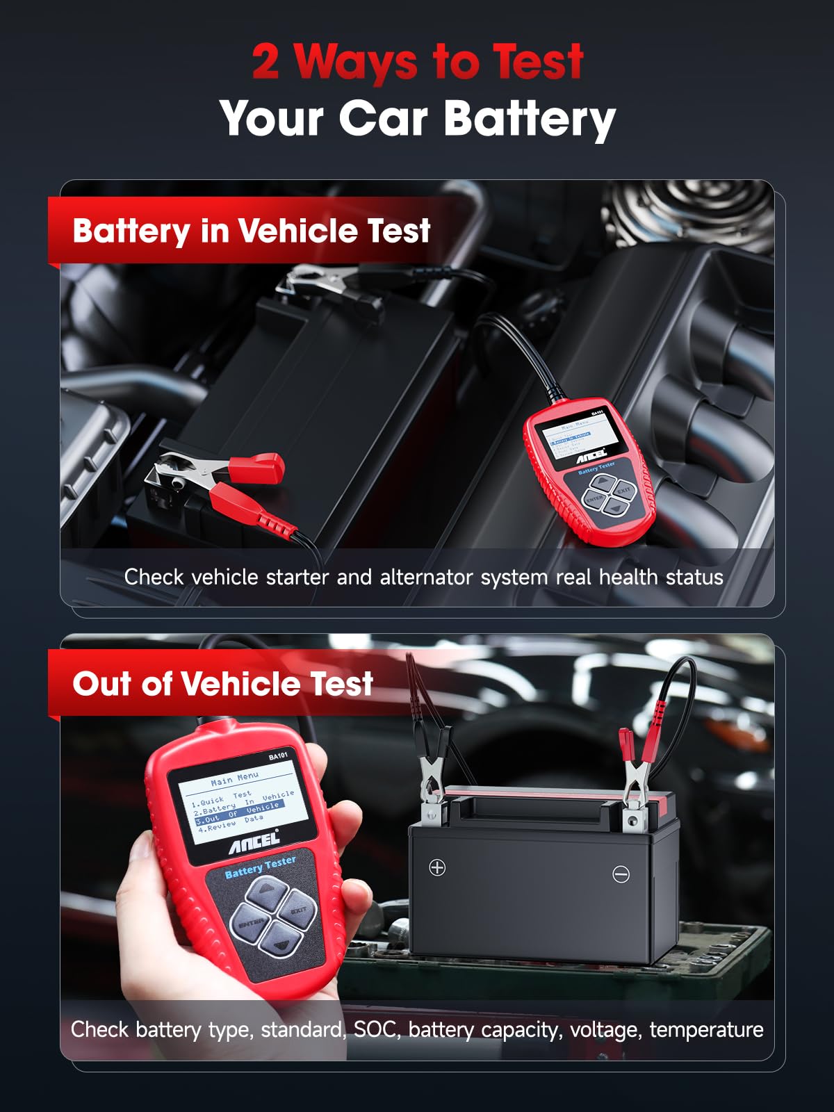 ANCEL BA101 12V Digital Car Battery Tester - 100-2000 CCA Load Capacity Automotive Alternator Diagnostic Tool - Cranking & Charging Analyzer for Trucks, Boats, RVs, Marine Vehicles - Perfect for Road Trips, Camping & Emergency Vehicle Maintenance