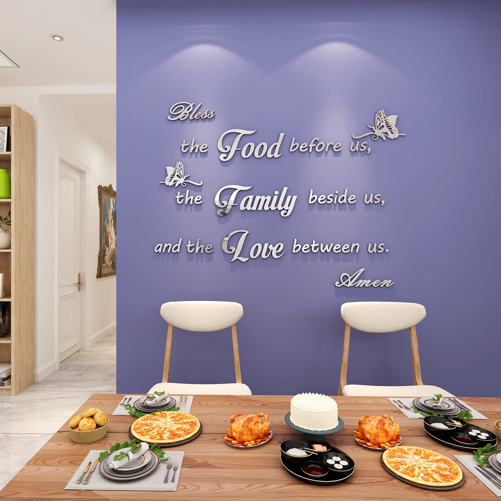 Kitchen Wall Decor - Acrylic Bless The Food Sign for Dining Room & Prayer Room (35.4x26.3in Silver)