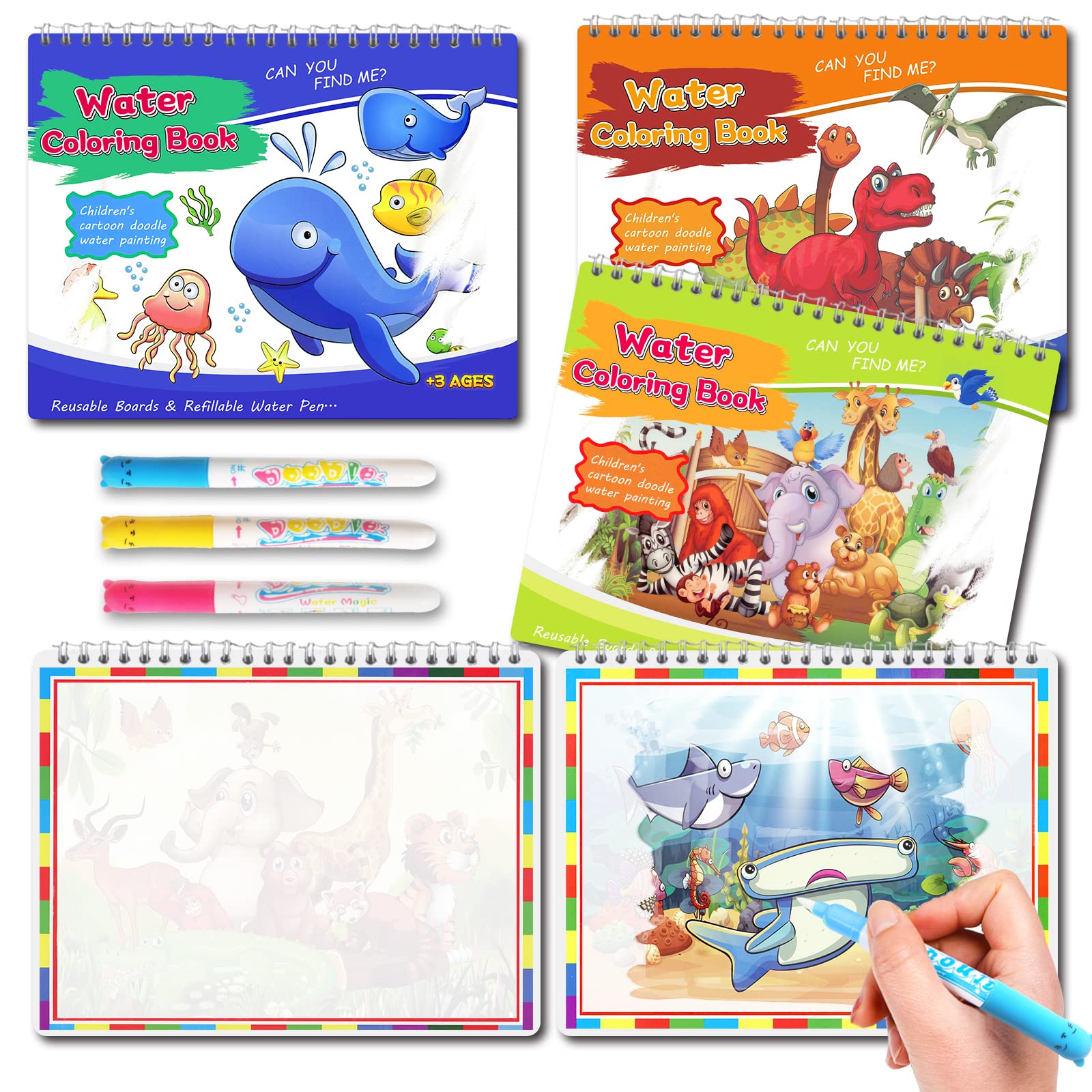 Water Coloring Books for Toddlers 1-3 | Reusable Paint with Water Activity Books | Travel Toys for Kids Ages 2-4 | Road Trip Essentials & Car Activities | Mess-Free Learning Fun (3 Pack) - Perfect for Airplane Rides, Restaurants & Quiet Time Play