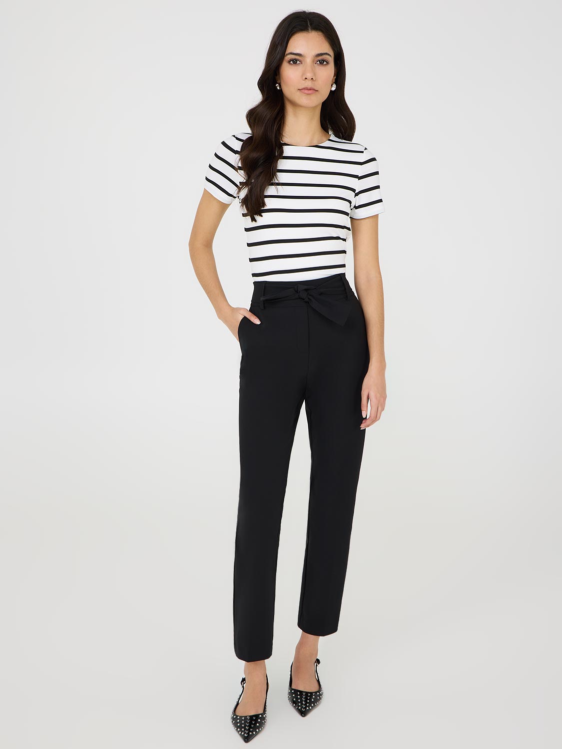 Slim Leg Pants with Sash - Women's High Waisted Trousers for Office & Casual Wear | Comfortable Stretch Fabric for Work & Everyday Outfits