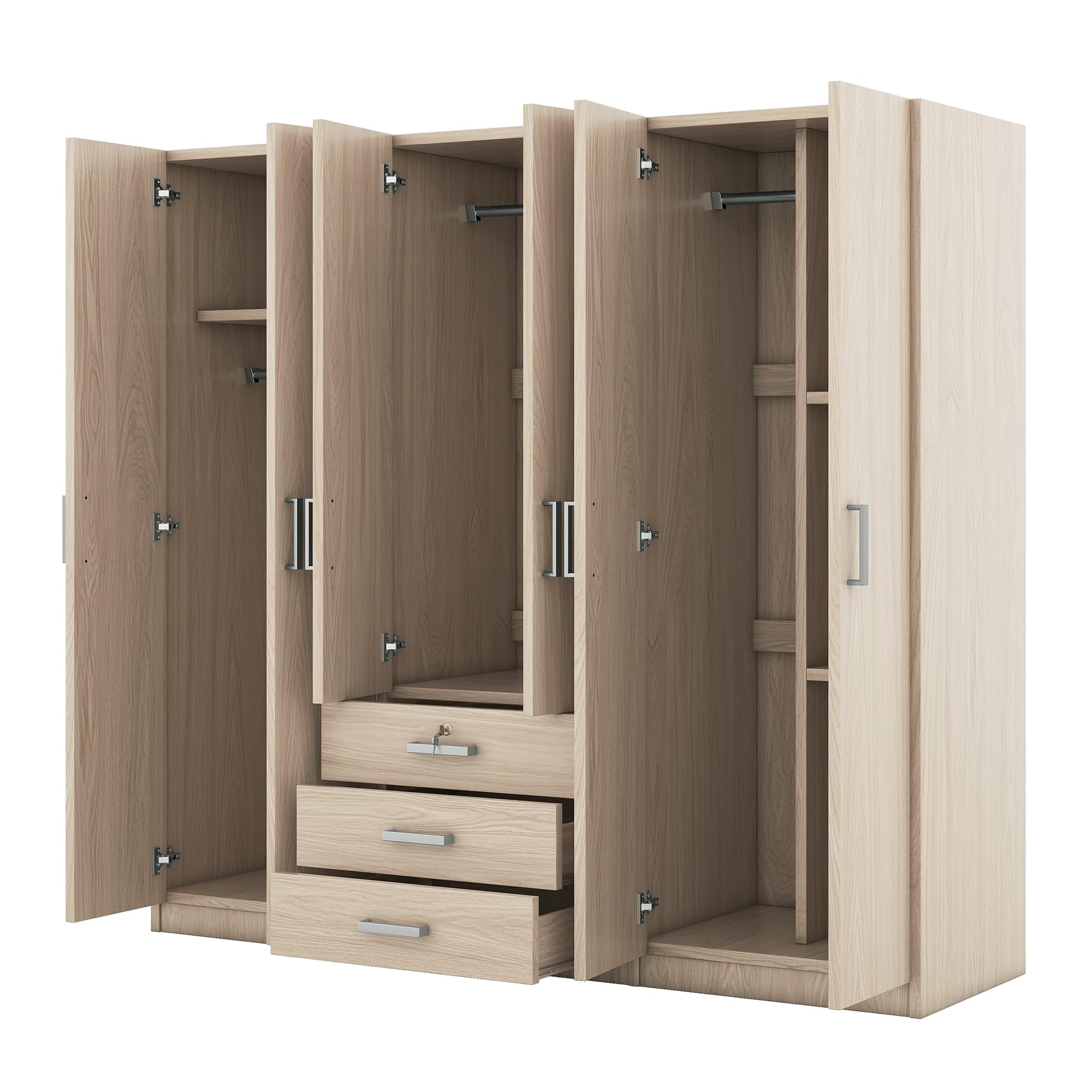 Merax Large 6-Door Natural Wood Wardrobe Closet Organizer - Tall Bedroom Armoire with Spacious Drawers, Hanging Rails & Shelves - Clothes Storage Cabinet for Bedroom, Garage & Laundry Room (Brown) - Perfect for Organizing Seasonal Clothing, Shoes & Linens