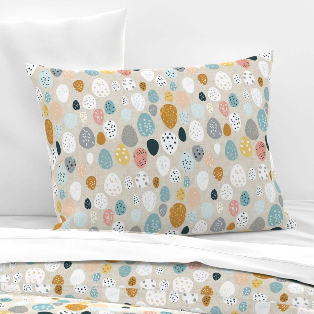 Premium Cotton Sateen Sham Standard Size - Easter Egg & Bird Print in Fawn, Mustard & Blue | Custom Printed Bedding for Spring Decor & Guest Room Styling