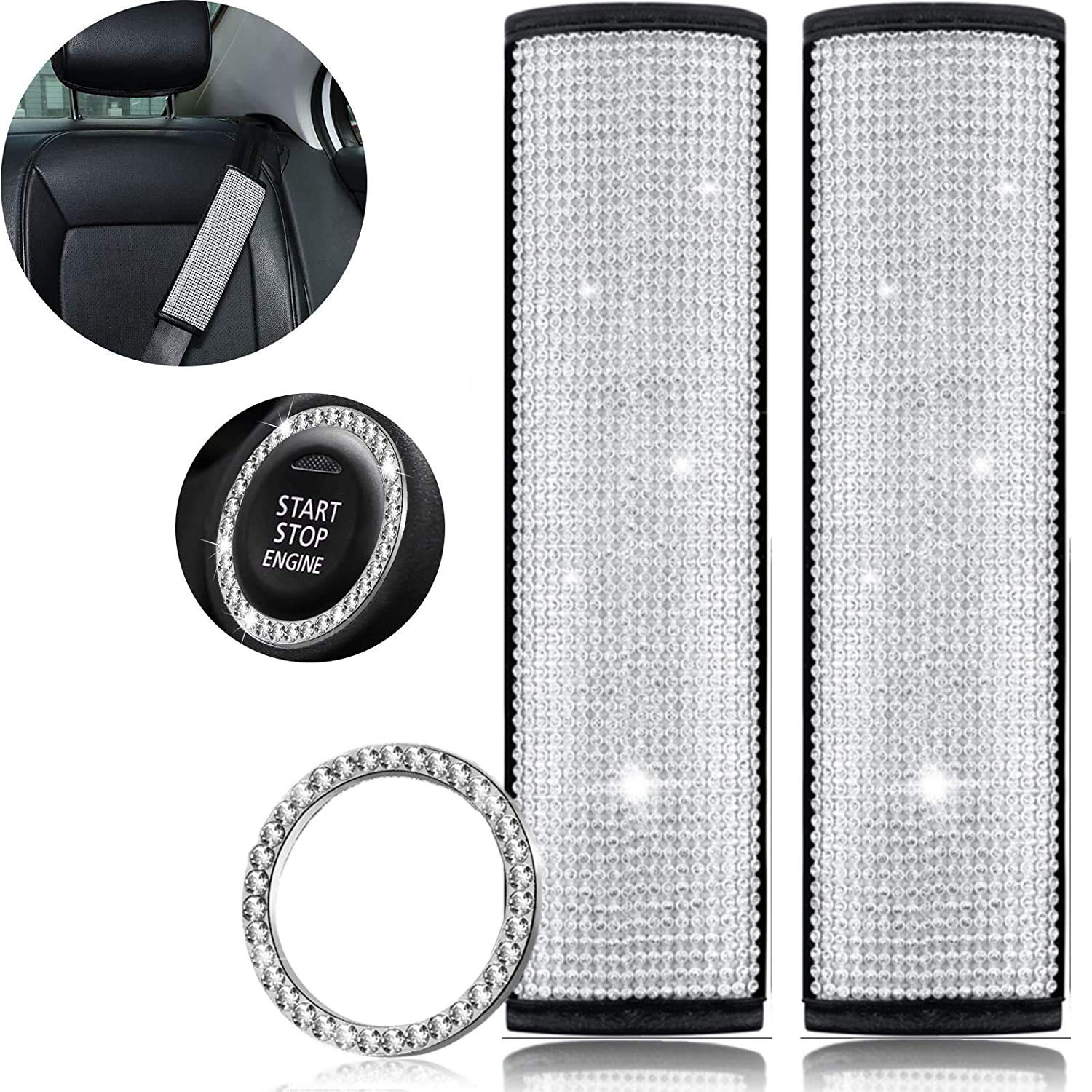 2 Packs Rhinestone Crystal Bling Seat Belt Covers for Women - Glitter Leather Shoulder Pads with Star Button Ring Sticker | Car Accessories for Safety & Style | Perfect for Daily Commute, Road Trips & Gift Giving