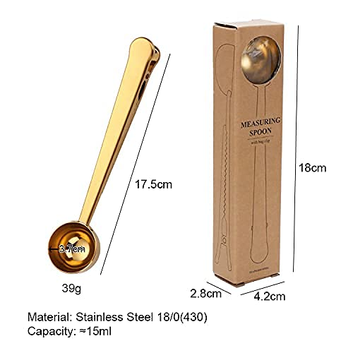 Premium Metal Coffee Scoops with Clip - 1 Tablespoon Measuring Spoon for Ground Coffee, Tea, Protein Powder - Golden Kitchen Accessory for Home & Coffee Shop Use