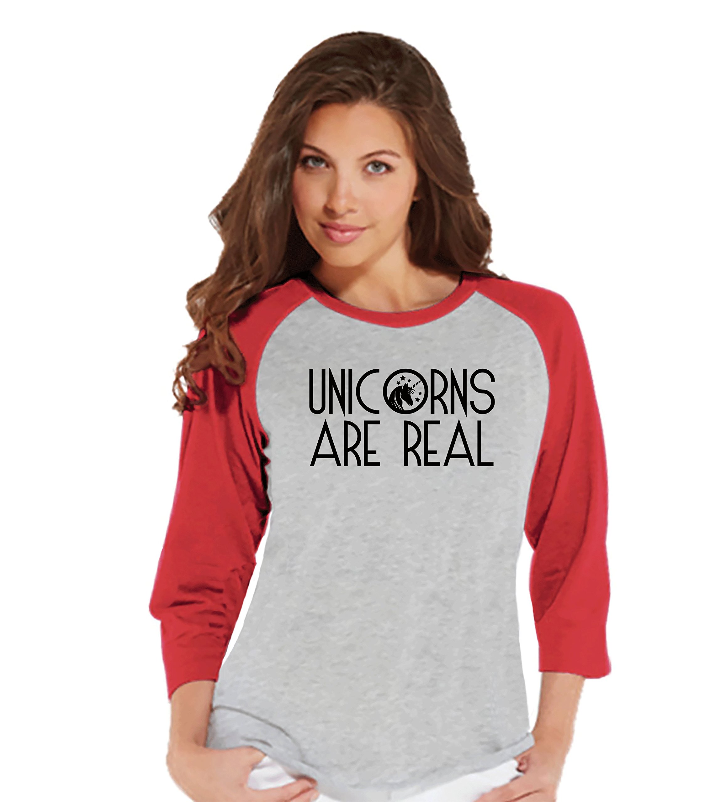 7 ate 9 Apparel Women's Unicorns Are Real Raglan T-Shirt | Soft Cotton Short Sleeve Graphic Tee for Casual Wear, Workouts & Everyday Outfits