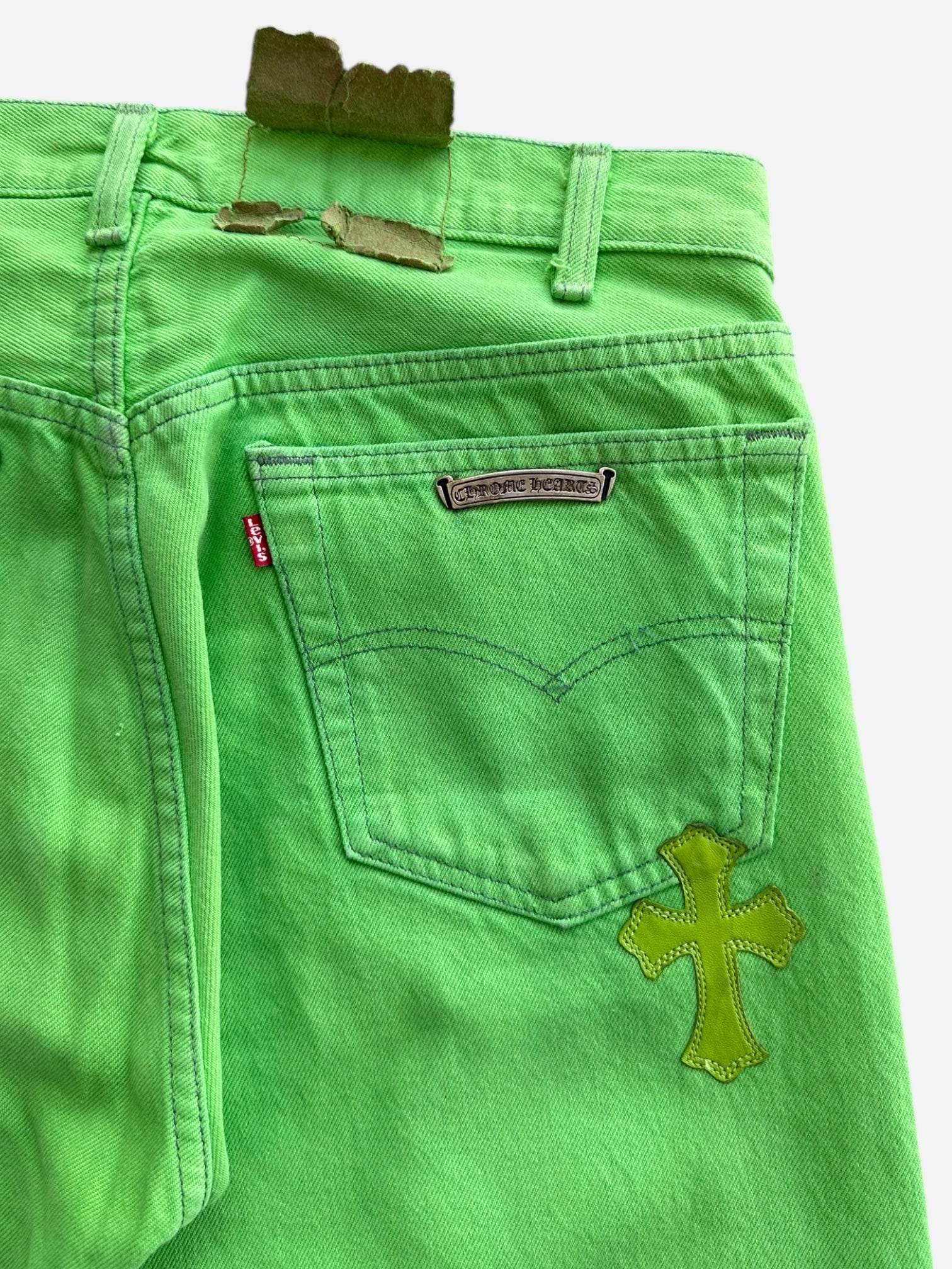Chrome Hearts x Levi's Green & Black Cross Patch Denim Jeans for Men & Women | Vintage Style Distressed Skinny Jeans | Perfect for Streetwear, Concerts & Night Out