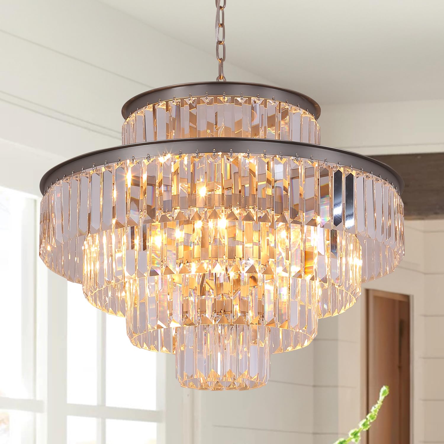 5-Tier 24 Inch Crystal Chandelier Pendant Light - 13-Light High Ceiling Fixture in Nickel Finish - Elegant Lighting for Dining Room, Living Room, Foyer & Hallway - Perfect for Weddings, Parties and Luxury Home Decor
