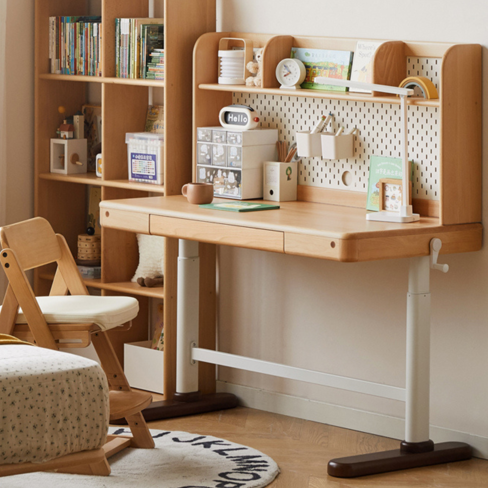 Beech Solid Wood Adjustable Height Kids Study Desk with Hand Crank Lift - Perfect for Homeschooling, Online Learning & Children's Homework Station