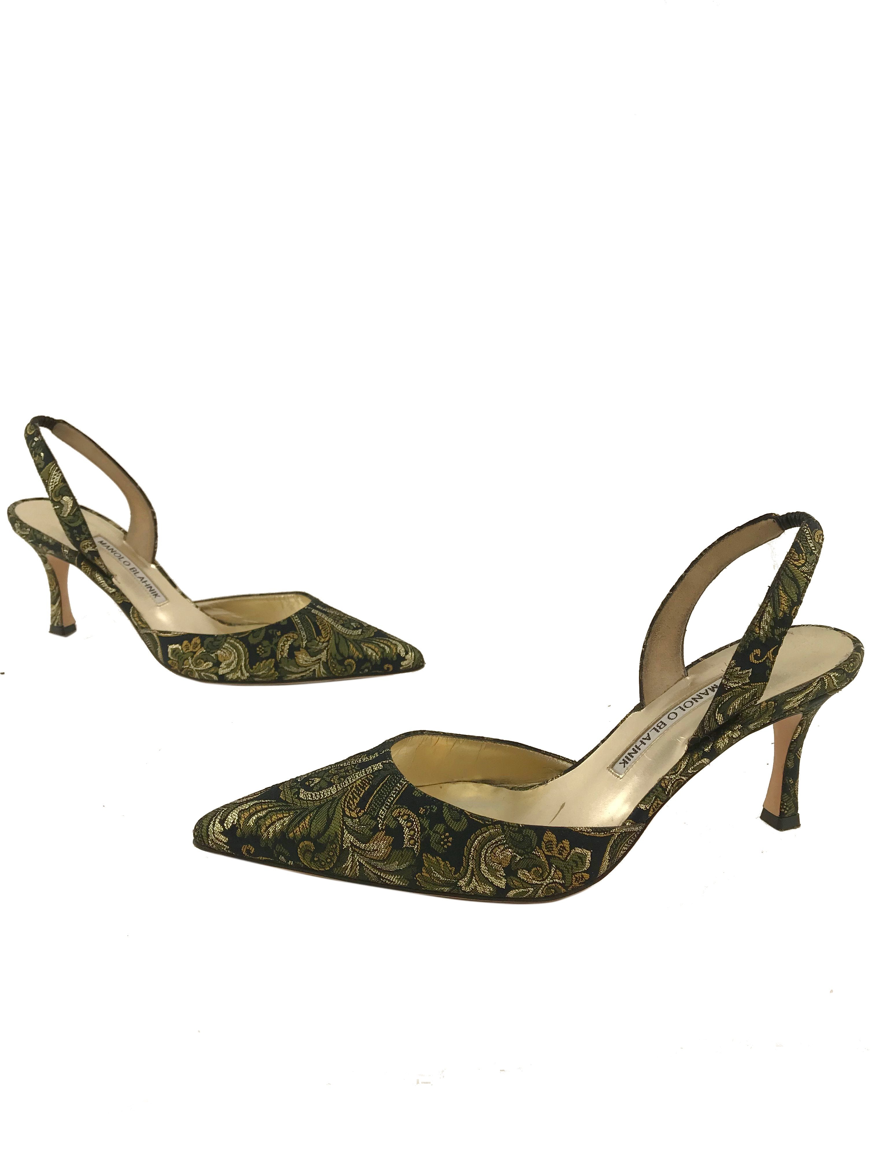 Manolo Blahnik Jacquard Carolyne Slingback Pump Women's Size 9.5 - Elegant Heels for Weddings, Parties & Office Wear