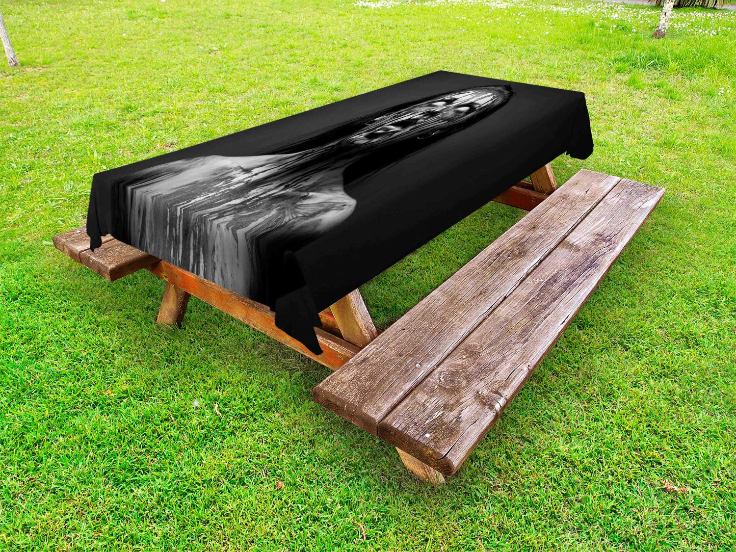 Ambesonne Zombie Horror Tablecloth - Scary Scream Monster Woman with Empty Eyes Design, Washable Picnic Table Cover 58x120 Inches, Black & White - Perfect for Halloween Parties, Outdoor Decor & Horror Themed Events