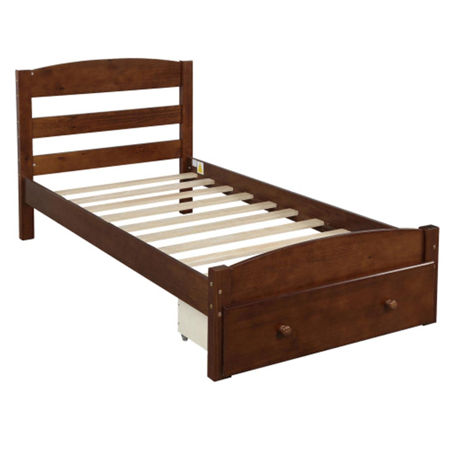 Twin Size Wooden Platform Bed Frame with Drawer & Slats Support - No Box Spring Needed - Sturdy Walnut Bed for Kids, Boys & Girls - Perfect for Small Bedrooms, Dorm Rooms & Guest Rooms