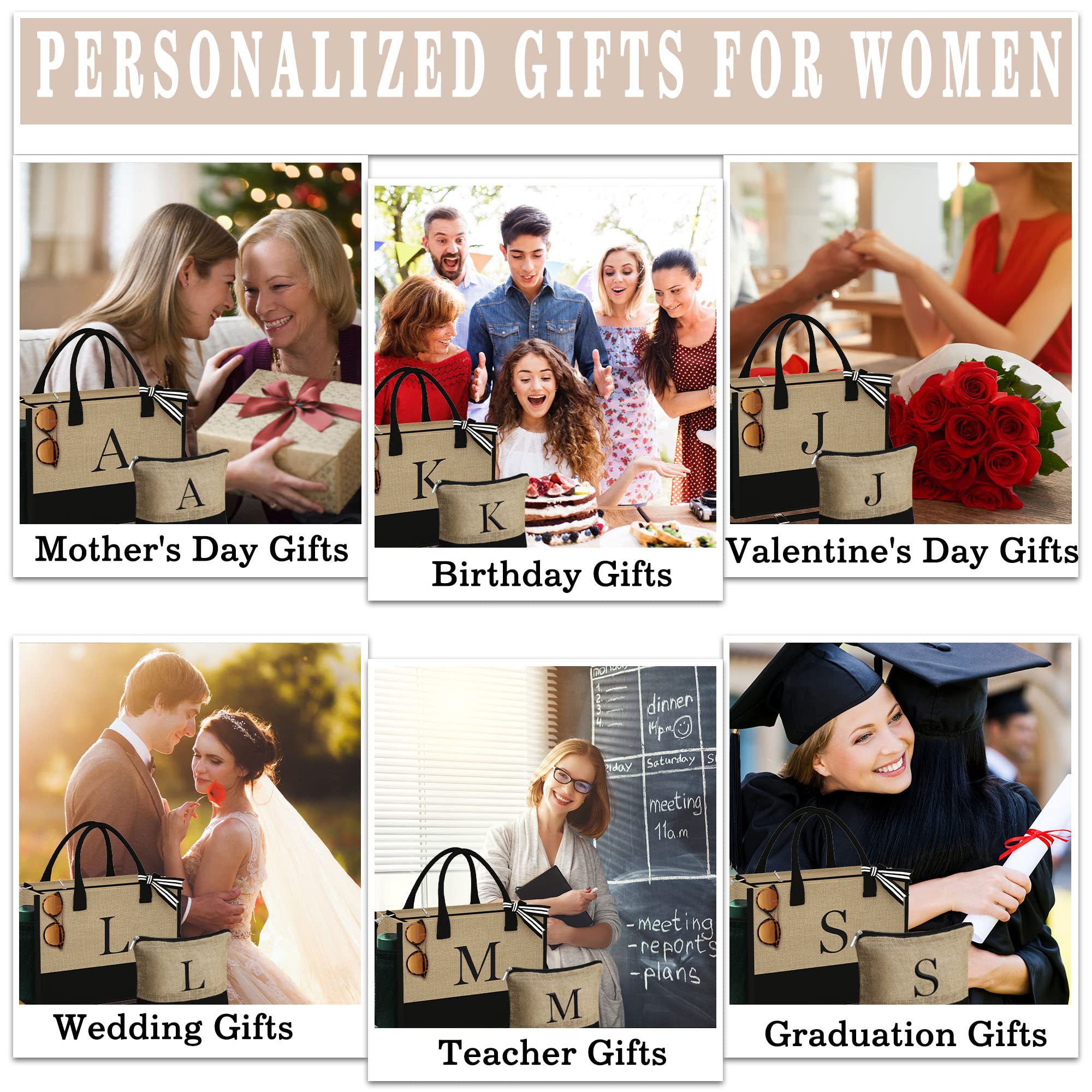 YOOLIFE Personalized Initial Jute Tote Bag & Makeup Bag Set - Best Birthday Gifts for Women, Mom, Wife, Teacher, Friend - Perfect for Work, Travel, Shopping & Daily Use