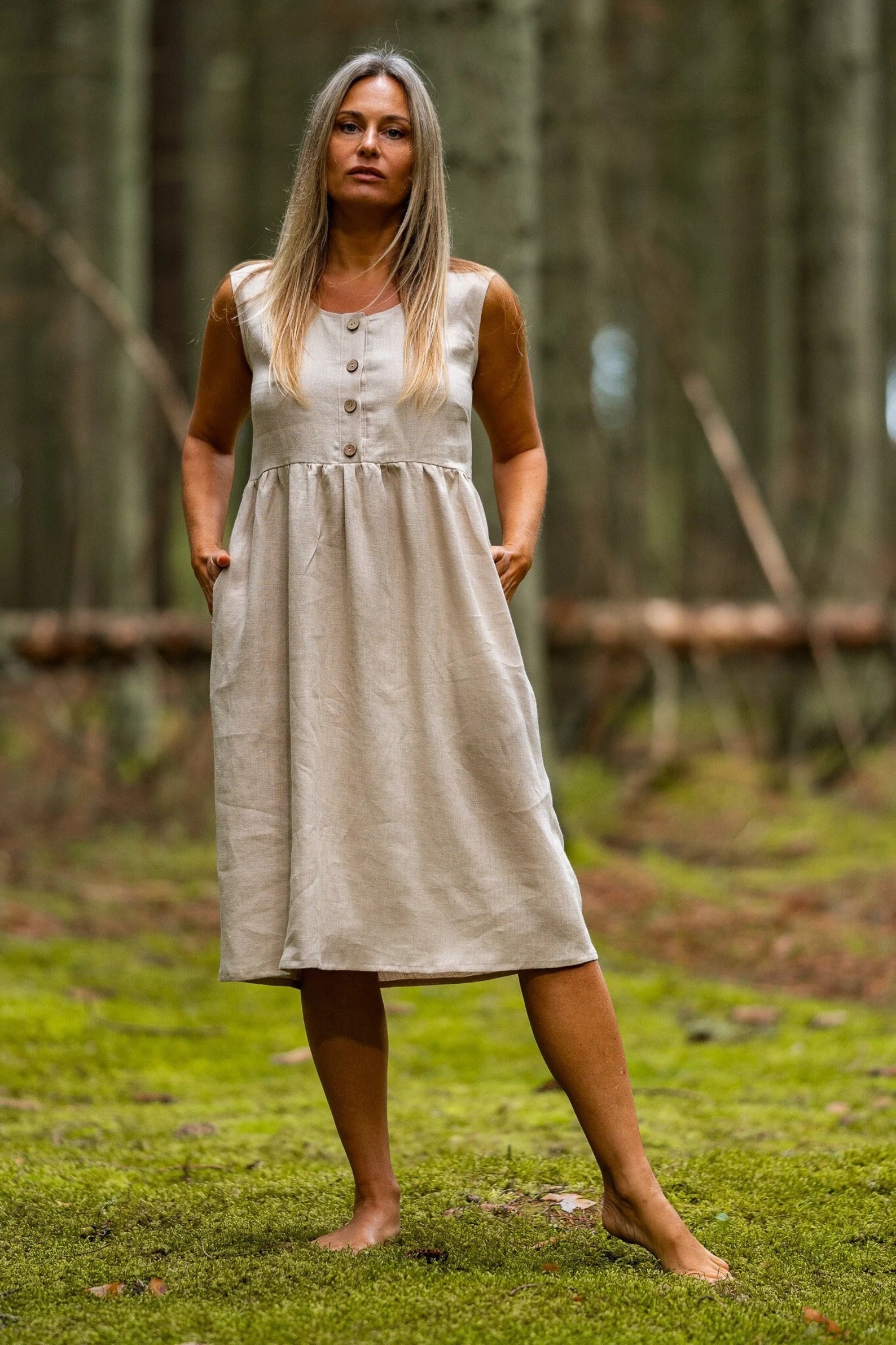 BARBARA Sleeveless Linen Maternity Dress - Natural Color, Breathable & Comfortable for Pregnancy - Perfect for Summer, Beach, and Casual Outings