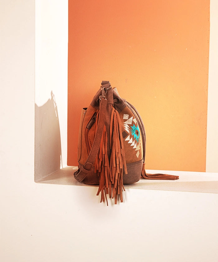 Montana West Aztec Fringe Bucket Bag Set for Women - Stylish Leather Crossbody Purse with Adjustable Strap, Perfect for Travel, Shopping & Everyday Use