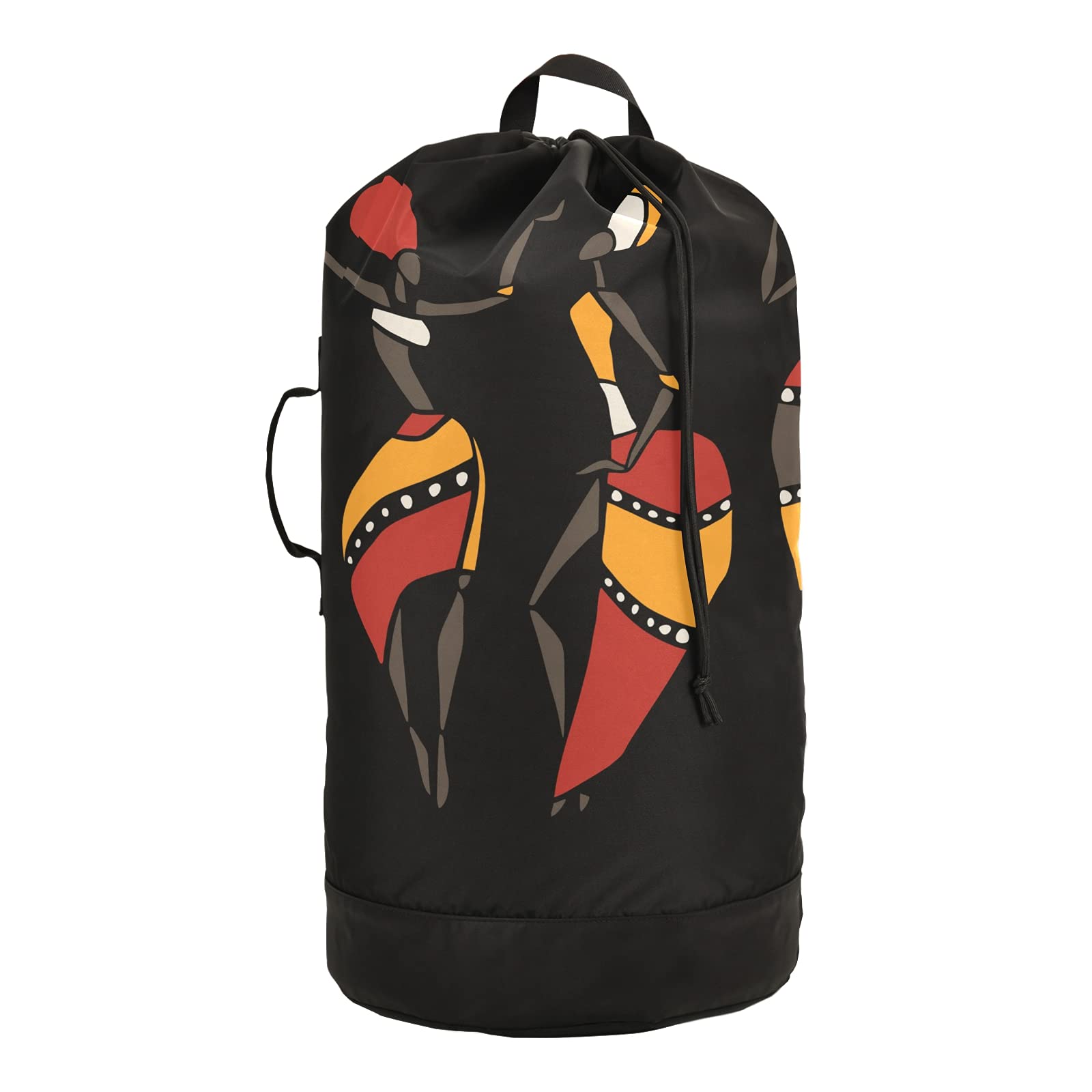 Ethnic Tribal Style African Dancer Print Dark Drawstring Laundry Bag - Adjustable Shoulder Straps for Travel & Home Use | Perfect for Toy Storage, Dirty Clothes Bin & Backpack Organization