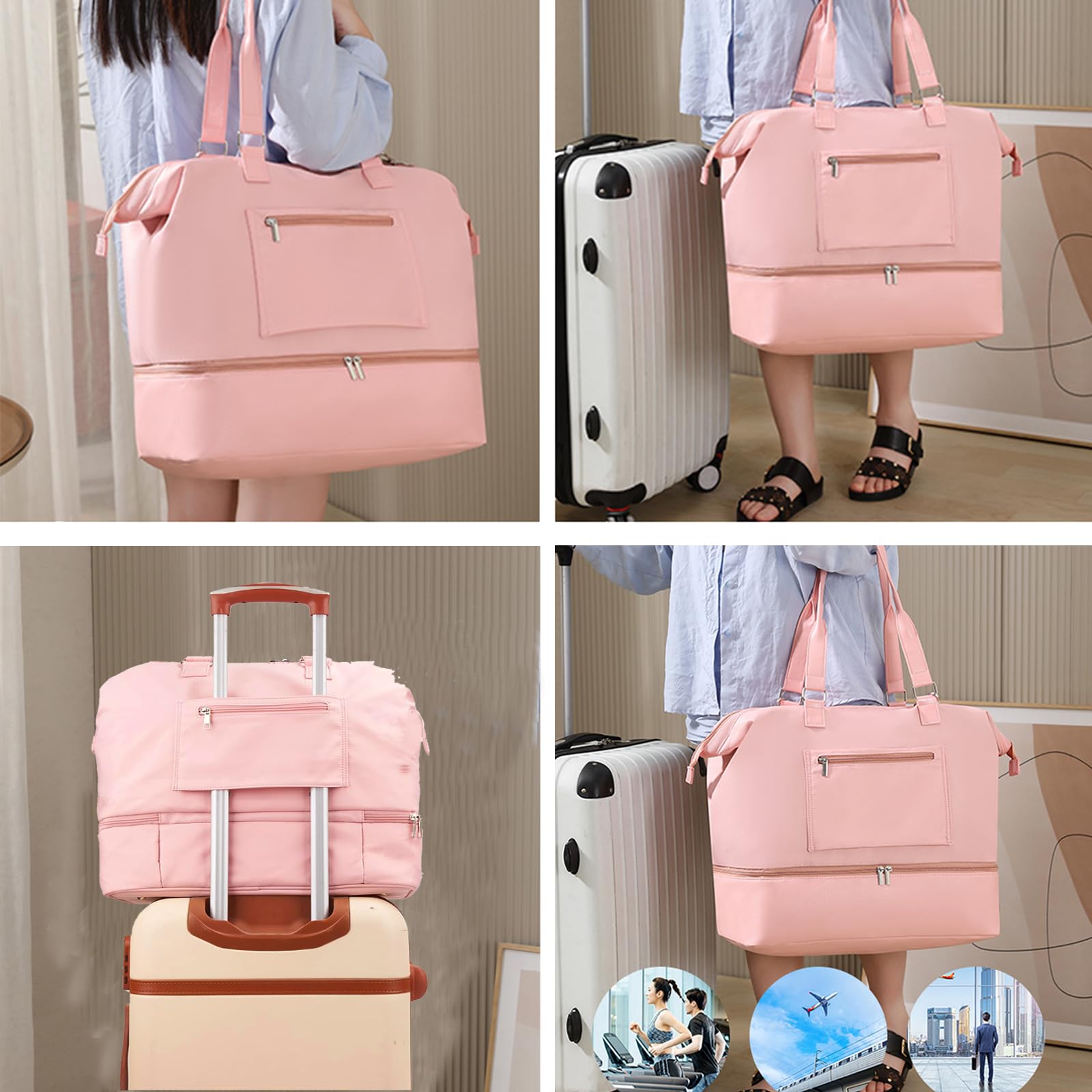 Waterproof Travel Duffle Bag for Women - Large Weekender Overnight Bag with Toiletry Pouch | Gym, Hospital, Maternity & Weekend Getaway Carry-On Shoulder Tote - Pink