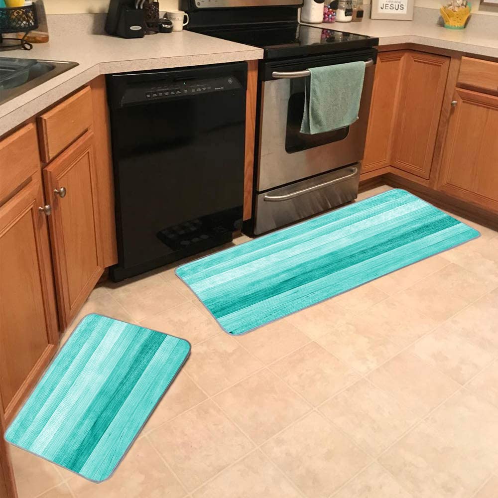 TOMWISH Non-Slip Teal Kitchen Rugs Set - 2 PCS Turquoise Green Painted Mats (17