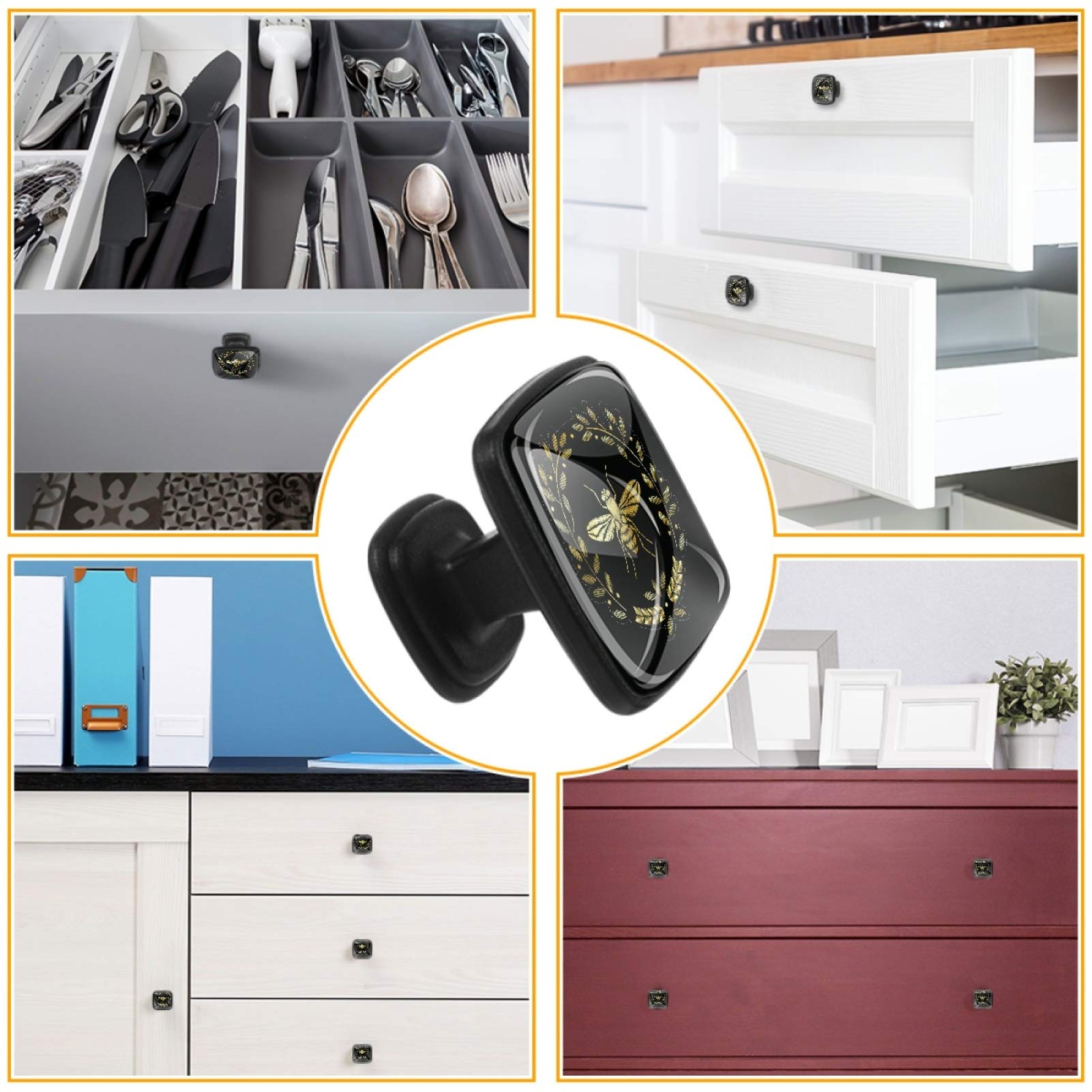 4 Pcs Golden Flying Bee Cabinet Handles - Square Drawer Pulls & Knobs with Screws for Furniture & Office Cabinets - Elegant Home & Office Decoration