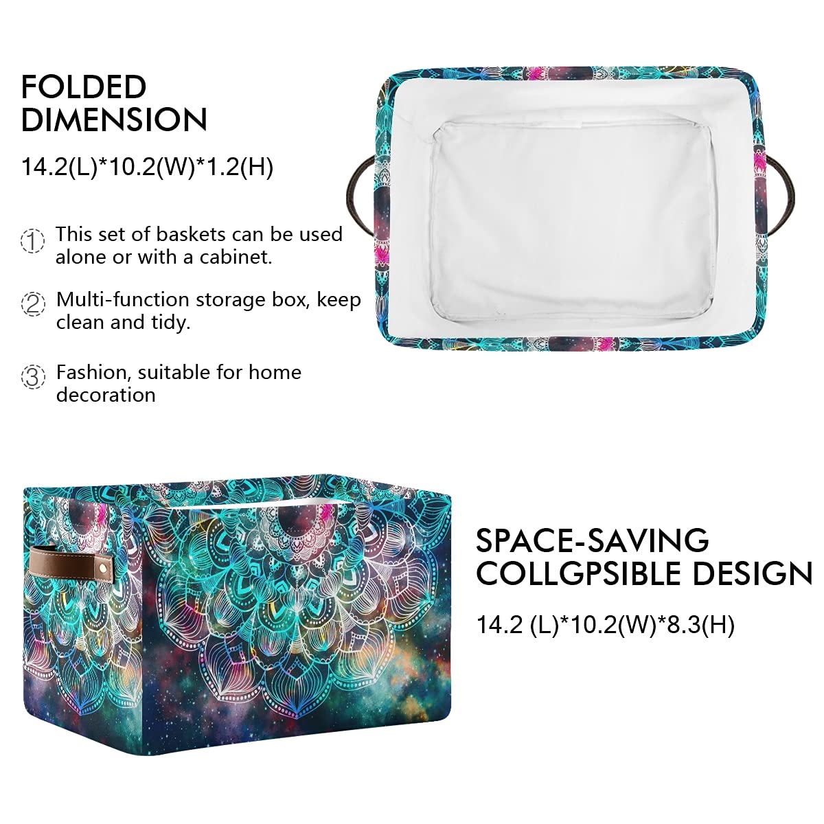 Bright Galaxy Mandala Foldable Fabric Storage Bins - Large Capacity Closet Organizers with Reinforced Handles (2-Pack) | Perfect for Bedroom, Closet, Nursery & Office Organization