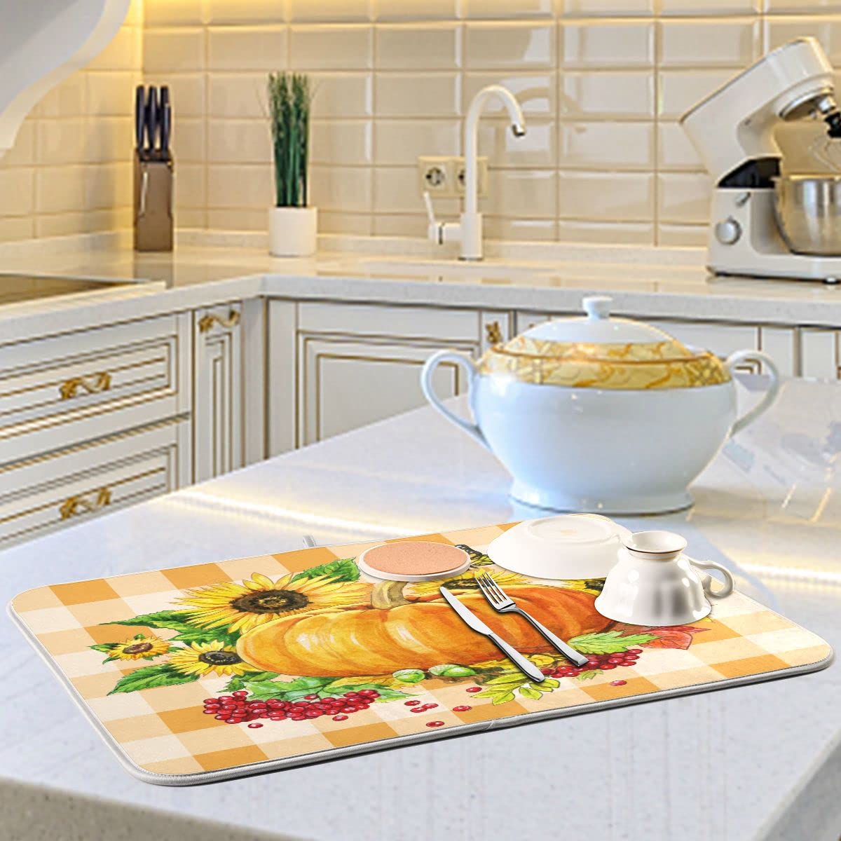 Sunflower Autumn Pumpkin Microfiber Dish Drying Mat - Absorbent Kitchen Counter Protector, 16x18 Inch, Perfect for Countertops, Sink Areas, and Dish Racks