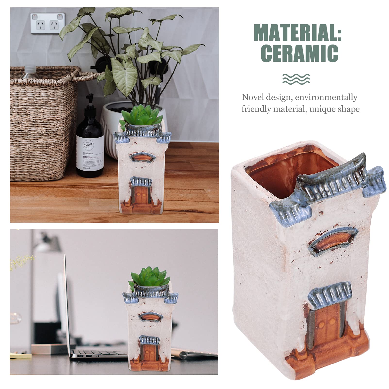Cute Chinese Style Ceramic Flower Pot - Mini House Shaped Planter for Desktop, Small Plants, Succulents & Pen Holder | Perfect for Home Decor, Office Desk, Wedding Centerpiece & Gift Idea