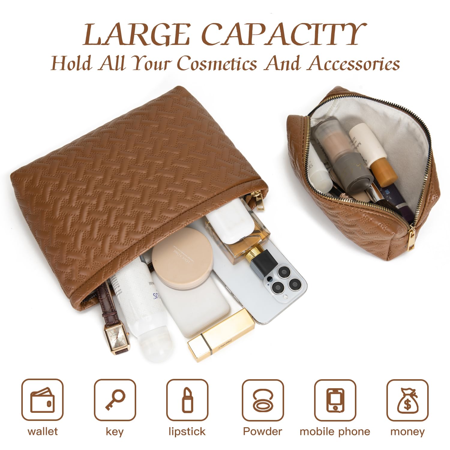 2 Pack Vegan Leather Makeup Bag for Women - Waterproof Travel Cosmetic & Toiletry Organizer with Brush Holder - Perfect for Purse, Gym, Vacation Essentials (Brown)