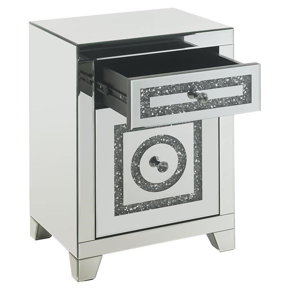 Acme Noralie Glass Accent Table with 2 Drawers - Elegant Mirrored Finish & Faux Diamond Decor | Perfect for Living Room, Bedroom, or Entryway Decor