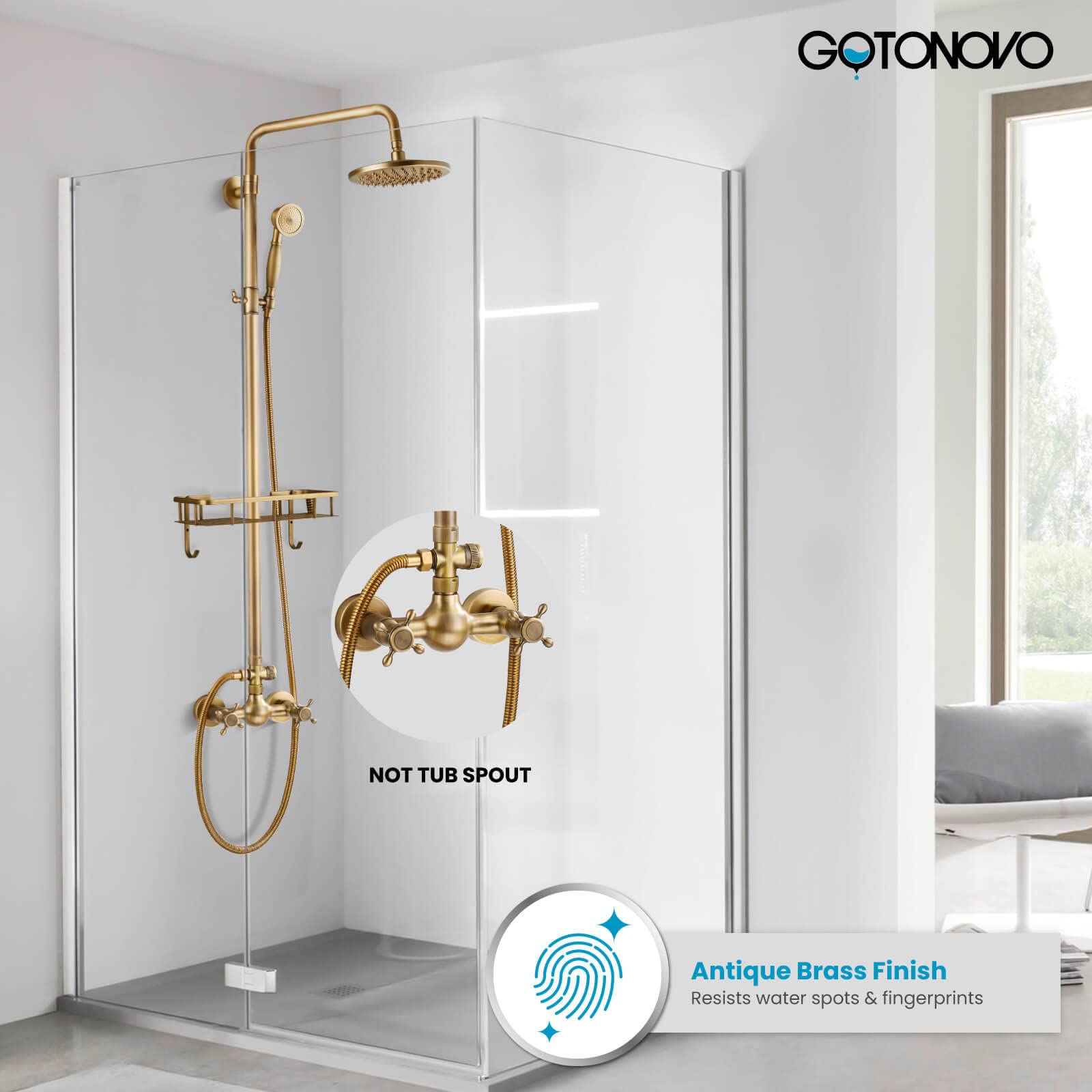 Gotonovo 8 Inch Antique Brass Rainfall Shower System - Wall Mounted Bathroom Faucet with Adjustable Handheld Sprayer, Shower Shelf & Double Cross Handles | Perfect for Vintage Style Bathrooms & Spa-Like Shower Experience