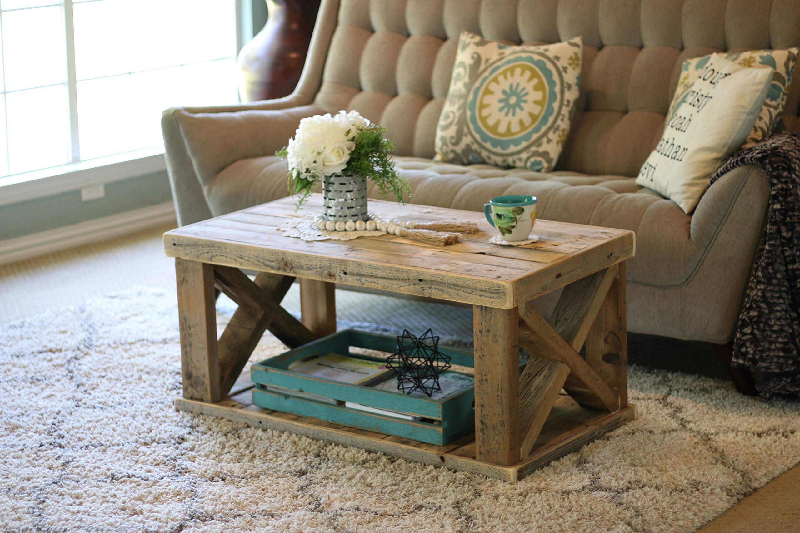 Doug and Cristy Designs Natural Wooden X Leg Coffee Table - Modern Farmhouse Style for Living Room, Lounge & Office Decor
