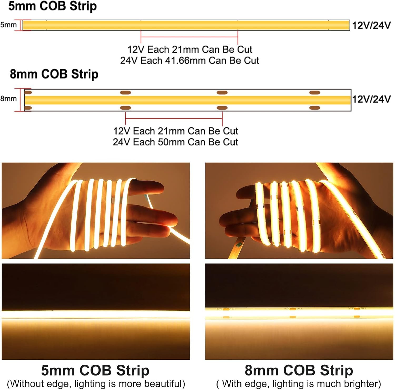 12V COB LED Strip Lights - Ice Blue, 5mm Flexible High Brightness Cold Blue LED Tape Rope, 5M/16.4FT Cuttable CRI90 Decorative Ribbon for Car, Bar, Office & Indoor Decor (DC12V, No Power Supply) - Perfect for Accent Lighting, Under Cabinet Illumination & DIY Projects