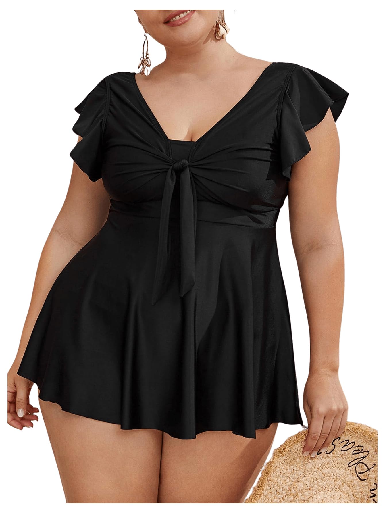 MakeMeChic Women's Plus Size Tankini Swimsuit with Ruffle Sleeves - Flattering Two Piece Bathing Suit for Curvy Women | Perfect for Beach Vacations, Pool Parties & Summer Getaways