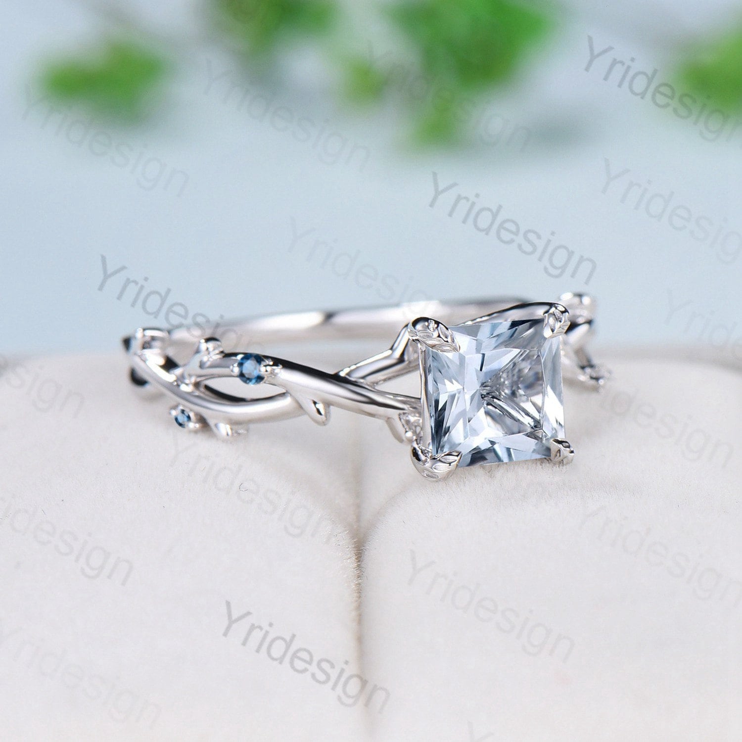 2CT Natural Princess Cut Aquamarine Ring - March Birthstone Engagement Ring, Nature Inspired Twig Wedding Band, Unique Promise Gift for Her, Perfect for Proposals, Anniversaries & Special Occasions