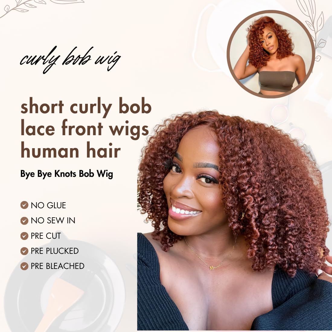 Beauty Forever 10 Inch Curly Glueless Human Hair Wig - 7x5 Bye Bye Knots Wear & Go Bob Wig in Reddish Brown 33B | Pre Plucked HD Lace Short Curly Wig for Women (150% Density) | Perfect for Daily Wear, Parties & Cosplay