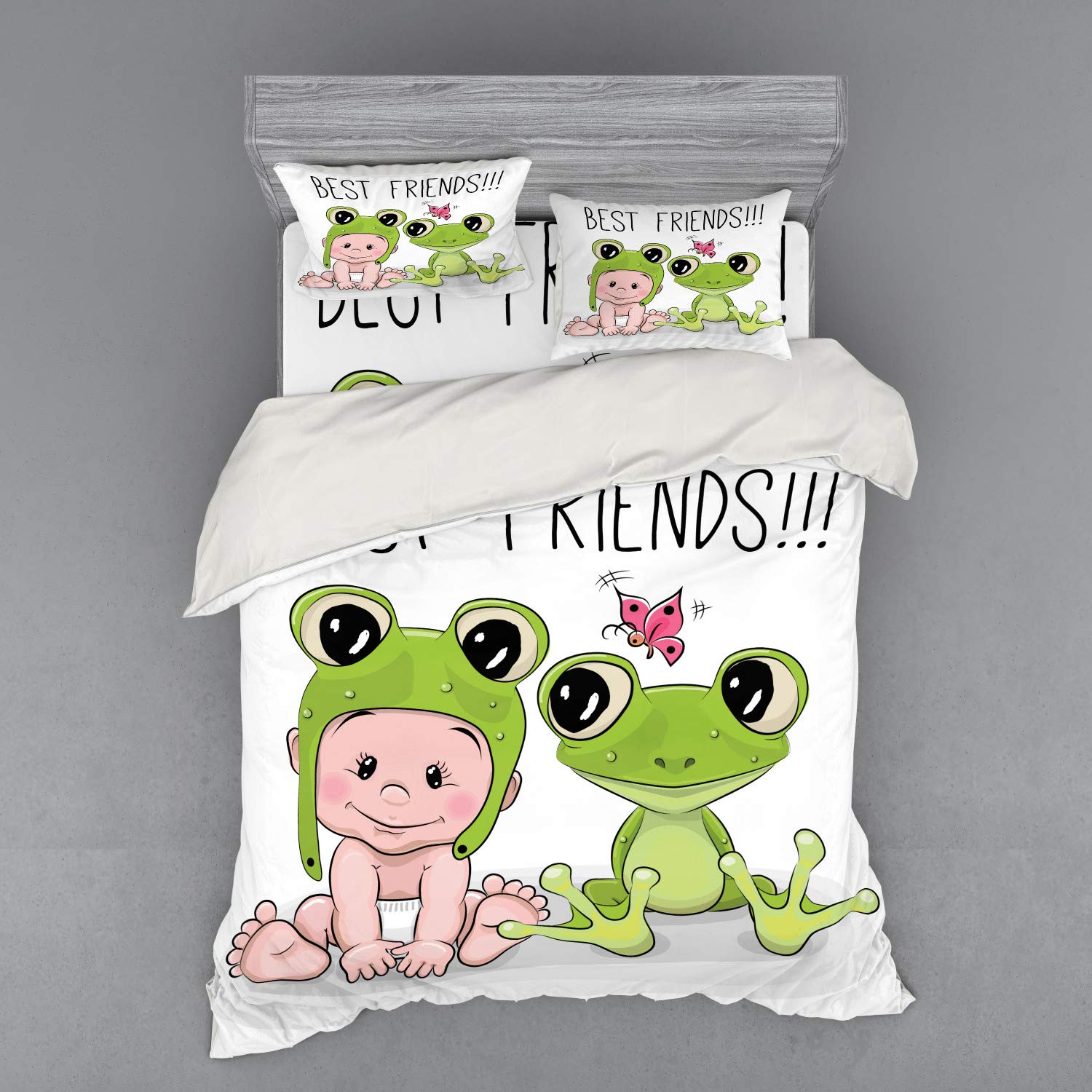 Ambesonne 3-Piece Queen Size Duvet Cover Set - Froggy Hat & Frog Best Friends Love Theme, White Cream Green Animal Print Bedding with Pillow Sham & Fitted Sheet - Perfect for Kids' Rooms, Nursery Decor or Frog-Themed Bedrooms