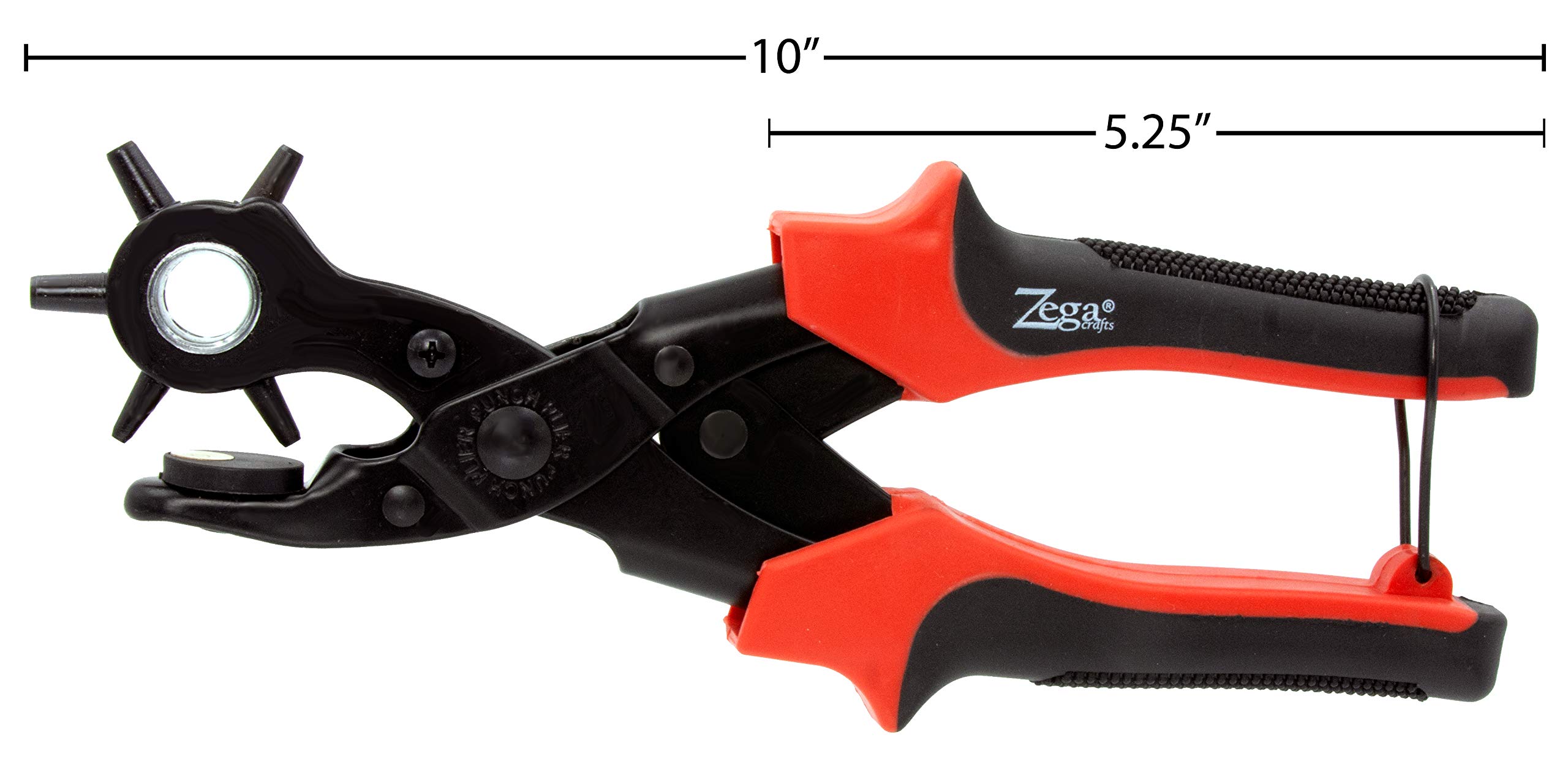Zega Crafts Revolving Leather Hole Punch Plier Kit - Professional Belt Hole Punch Tool for Leather, Belts, Watches, Vinyl, Plastic & Handbags - Includes 3 Brass Punch Pads & Carborundum Grinding Rod - Perfect for DIY Leather Crafting, Watch Strap Adjustment & Belt Repair