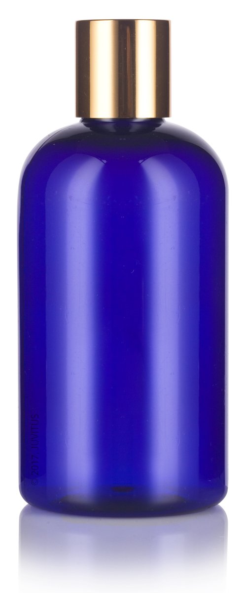 JUVITUS (6 Pack) 8 oz Cobalt Blue Boston Round PET Plastic Bottles with Gold Disc Cap - Leak Proof, Reusable Containers for Essential Oils, DIY Beauty Products, Home Brewing & Craft Storage