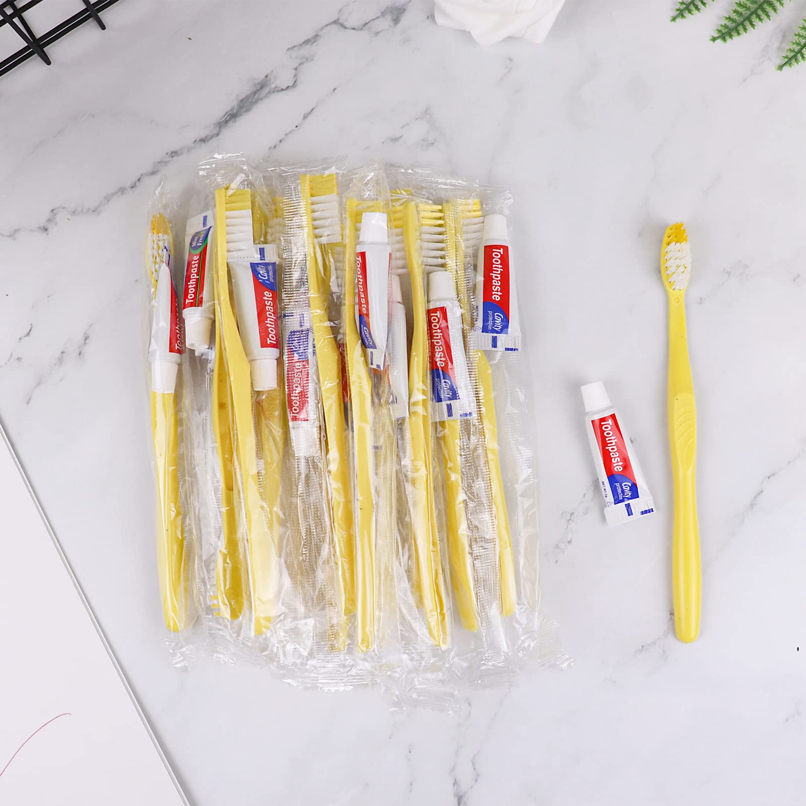 200 Pack Disposable Toothbrushes with Toothpaste - Individually Wrapped Yellow Hollow Travel Toothbrushes Kit in Bulk for Travel, Hotels, Nursing Homes, Homeless Shelters & Charity Donations - Perfect for On-the-Go Oral Care, Emergency Kits & Hygiene Packs