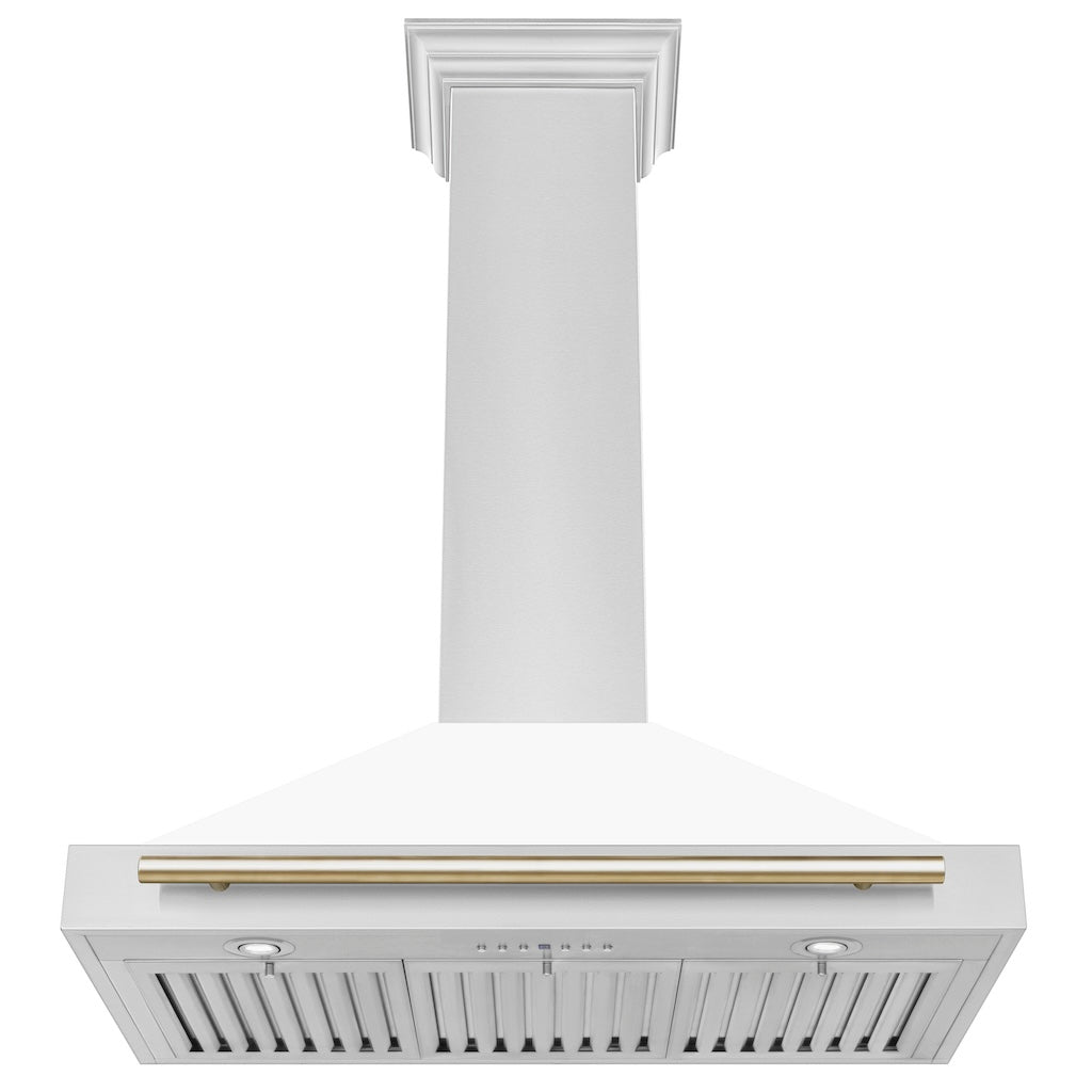 ZLINE KB4STZ WM G Autograph Edition Convertible Stainless Steel Range Hood - White Matte Shell with Polished Gold Accents - Professional Kitchen Ventilation for Modern Homes
