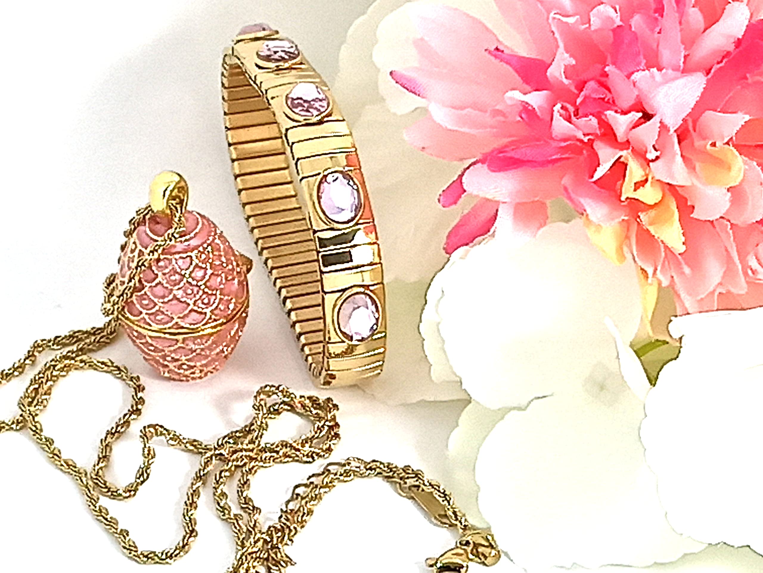 24k Gold Pink Topaz Faberge Egg Pendant Necklace & Bracelet Set - Handmade Russian Jewelry with 23.5