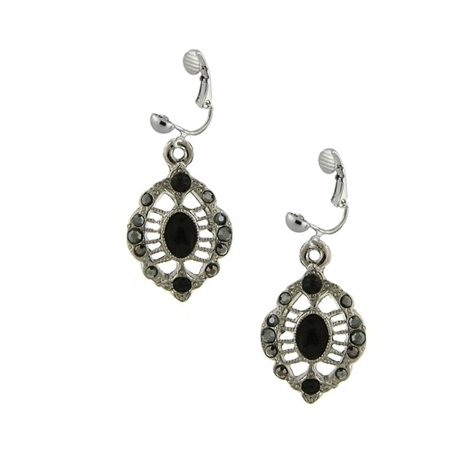 1928 Jewelry Jet Black Enamel Hematite Stone Accent Clip-On Earrings for Women - Vintage Style Statement Earrings for Parties, Weddings & Special Occasions